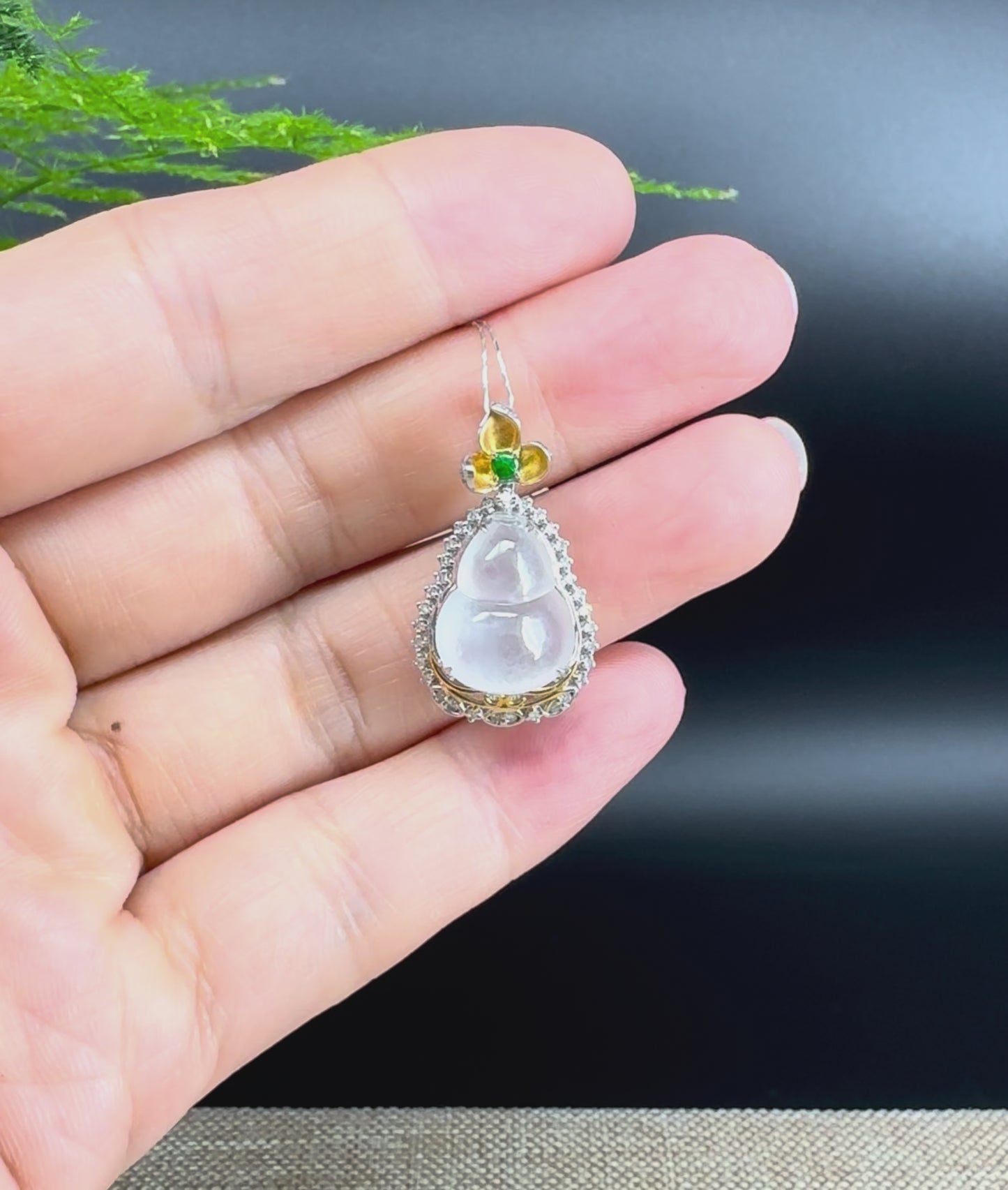 RealJade® Co. Genuine Icy Jadeite Jade Good Luck Hulu Bottle Gourd Necklace With 18K White & Yellow Gold Bail