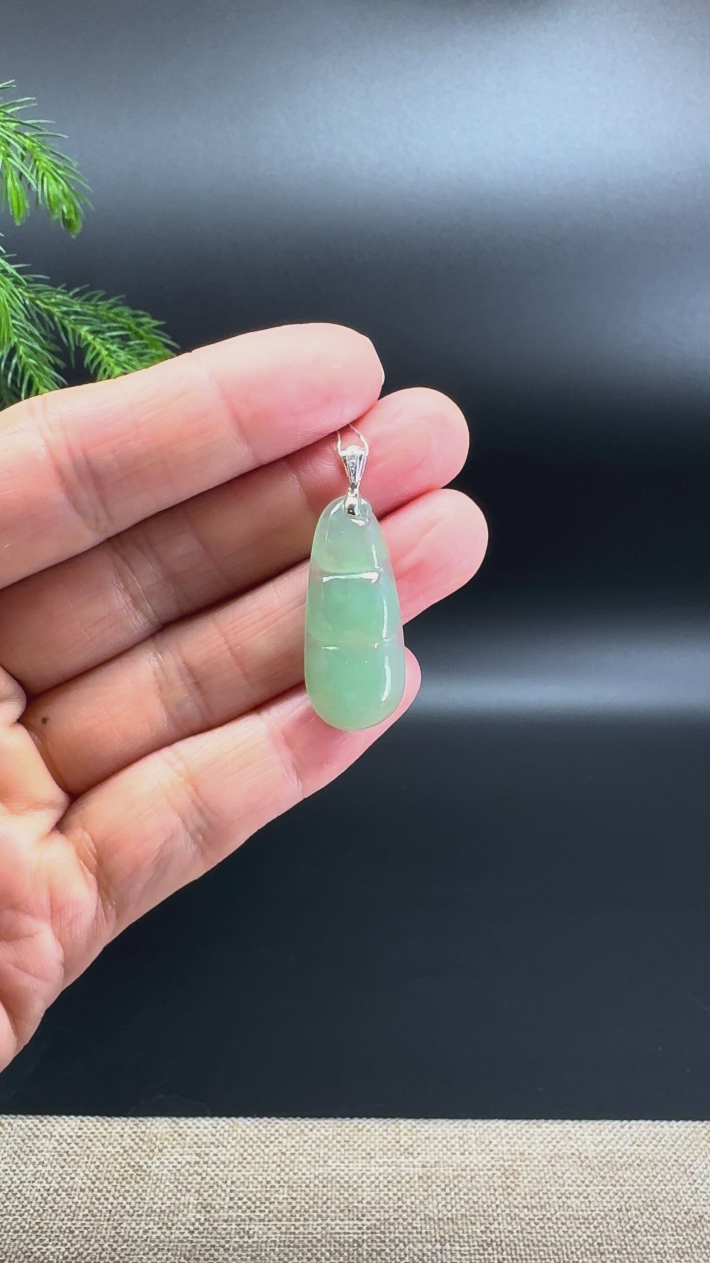 RealJade® Co. Genuine Green Jadeite Jade Bean Necklace With 18K White Gold Diamonds Bail