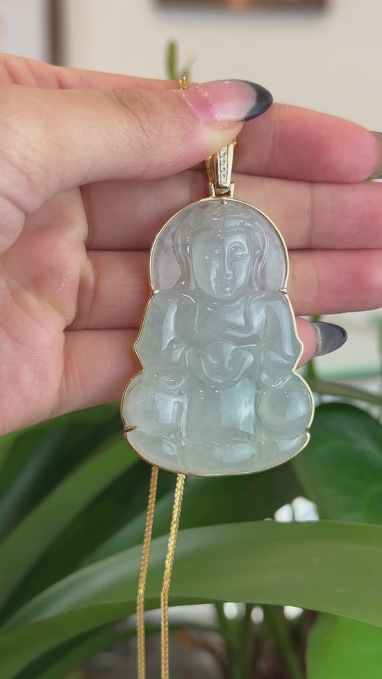 Load and play video in Gallery viewer, &amp;quot;Goddess of Compassion&amp;quot; 14k Yellow Gold Genuine Burmese Jadeite Jade Guanyin Necklace
