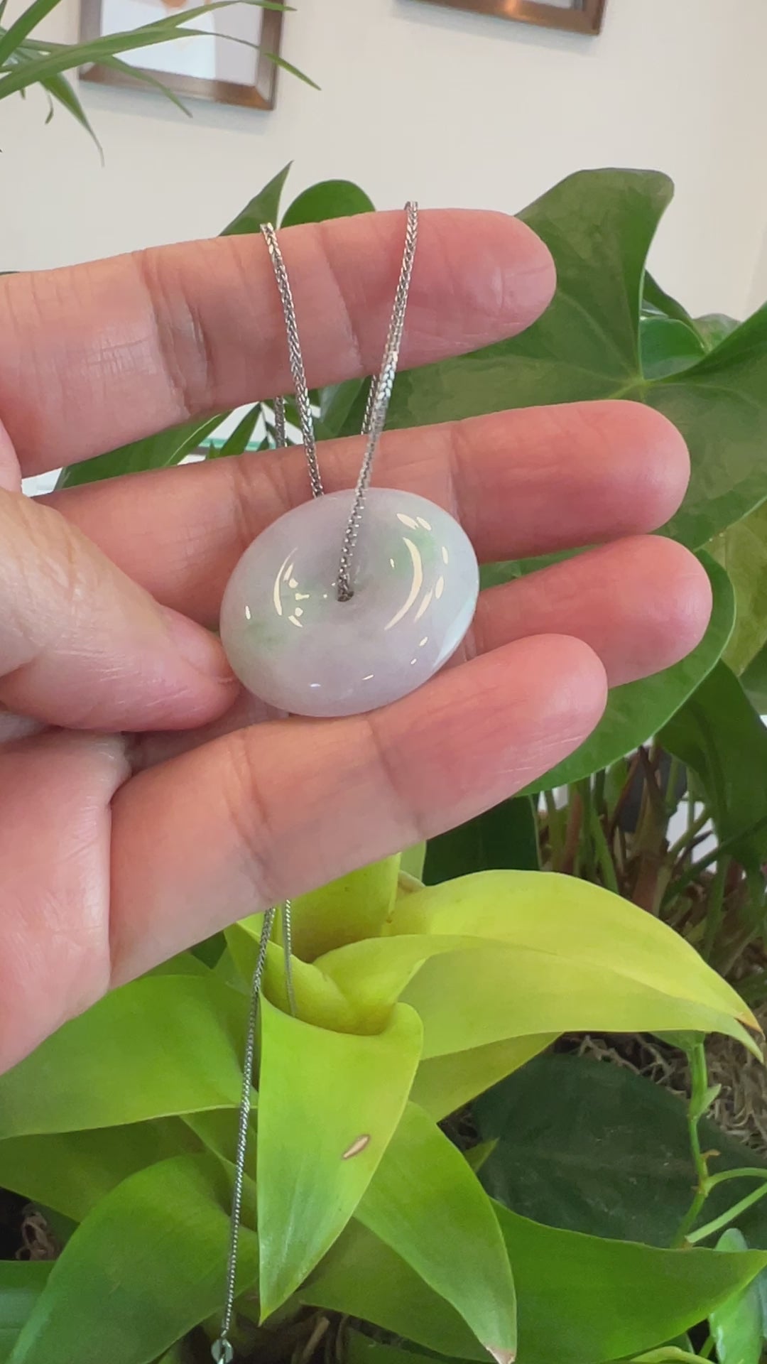 Load and play video in Gallery viewer, RealJade® Co. &amp;quot;Good Luck Button&amp;quot; Necklace Lavender Jadeite Jade Lucky Ping An Kou Pendant
