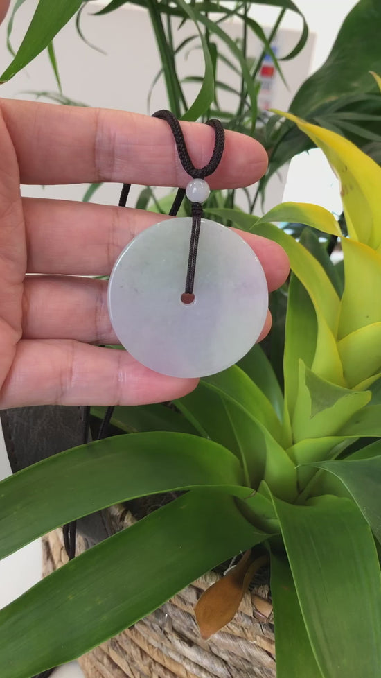 Load and play video in Gallery viewer, RealJade® Co. &amp;quot;Good Luck Button&amp;quot; Lavender Jadeite Jade Lucky KouKou Pendant Necklace
