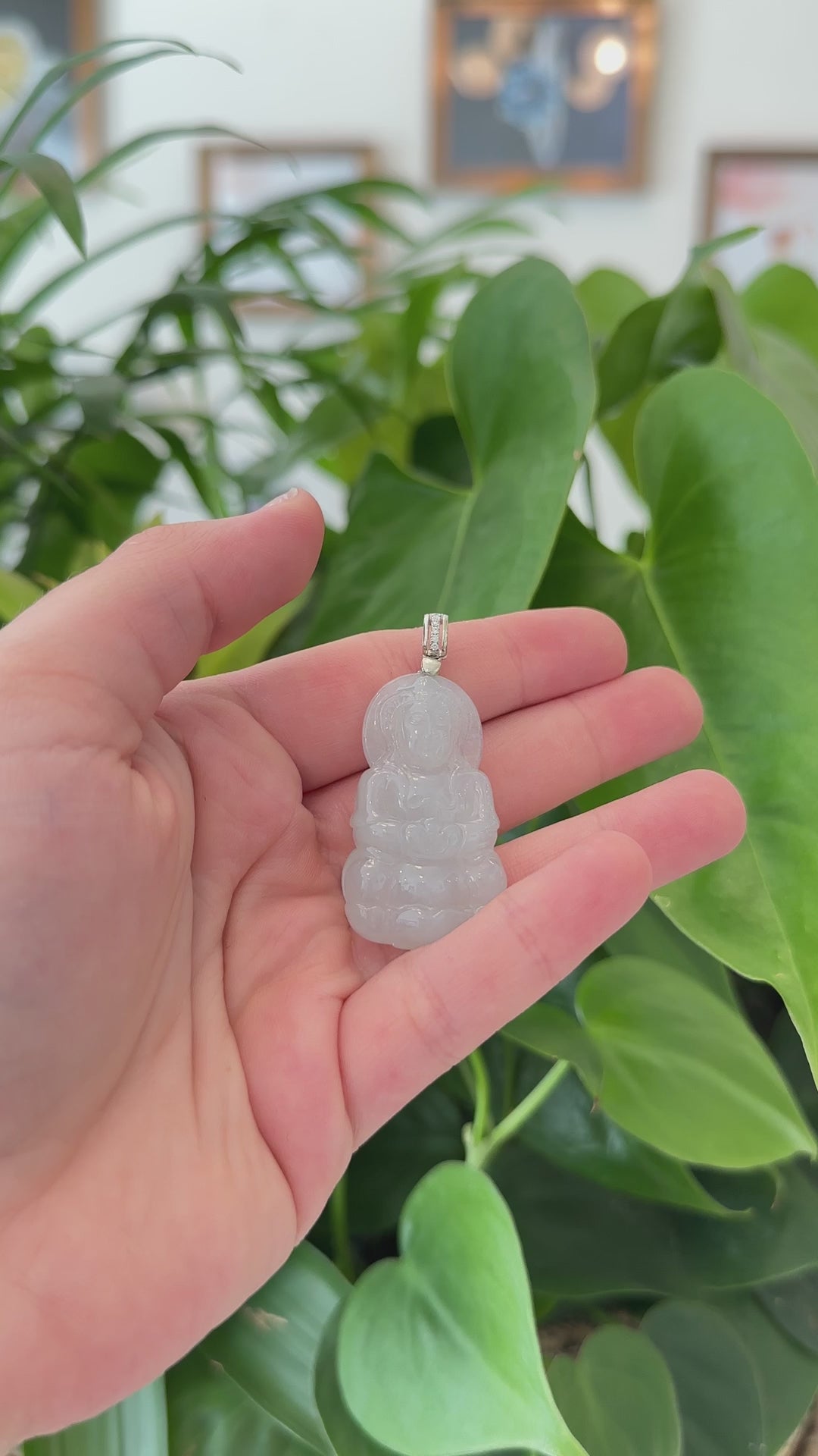 Load and play video in Gallery viewer, RealJade® Co. 14k &amp;quot;Goddess of Compassion&amp;quot; Genuine Burmese Jadeite Jade Guanyin Pendant With VS1 Diamond Bail
