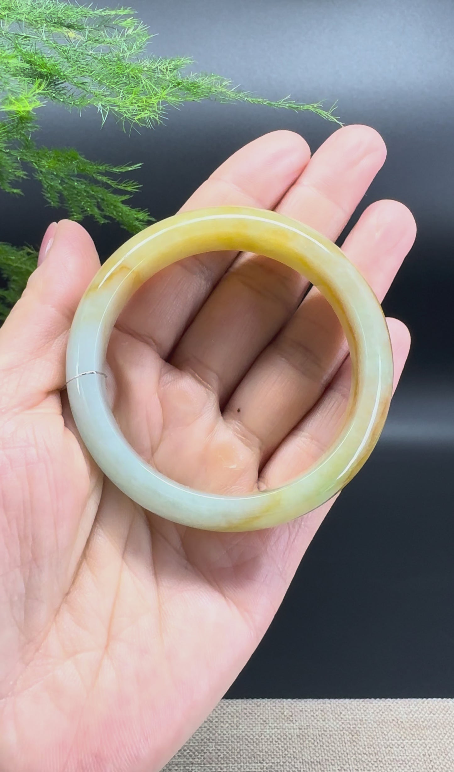 Load and play video in Gallery viewer, Genuine Burmese Yellow Green Jade Jadeite Bangle Bracelet ( 52.3mm )
