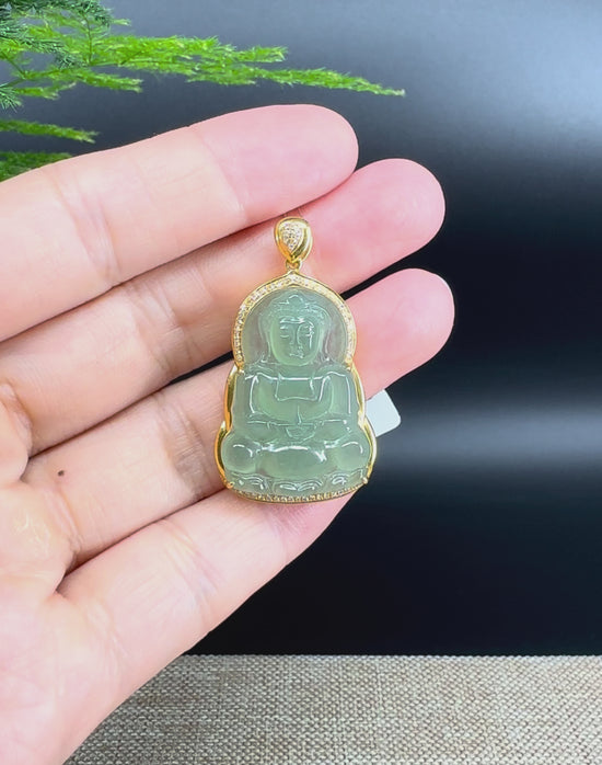 Load and play video in Gallery viewer, High-end 18K Yellow Gold Burmese Green Jadeite Jade Guanyin Pendant with Diamond
