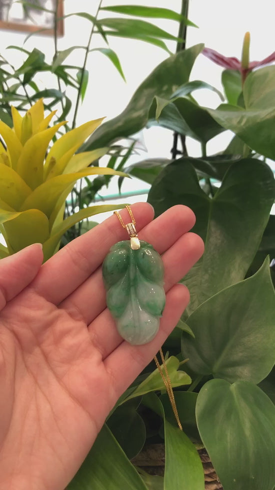 Load and play video in Gallery viewer, Genuine Green Jadeite Jade Leaf Necklace With VSI Diamond Gold Bail
