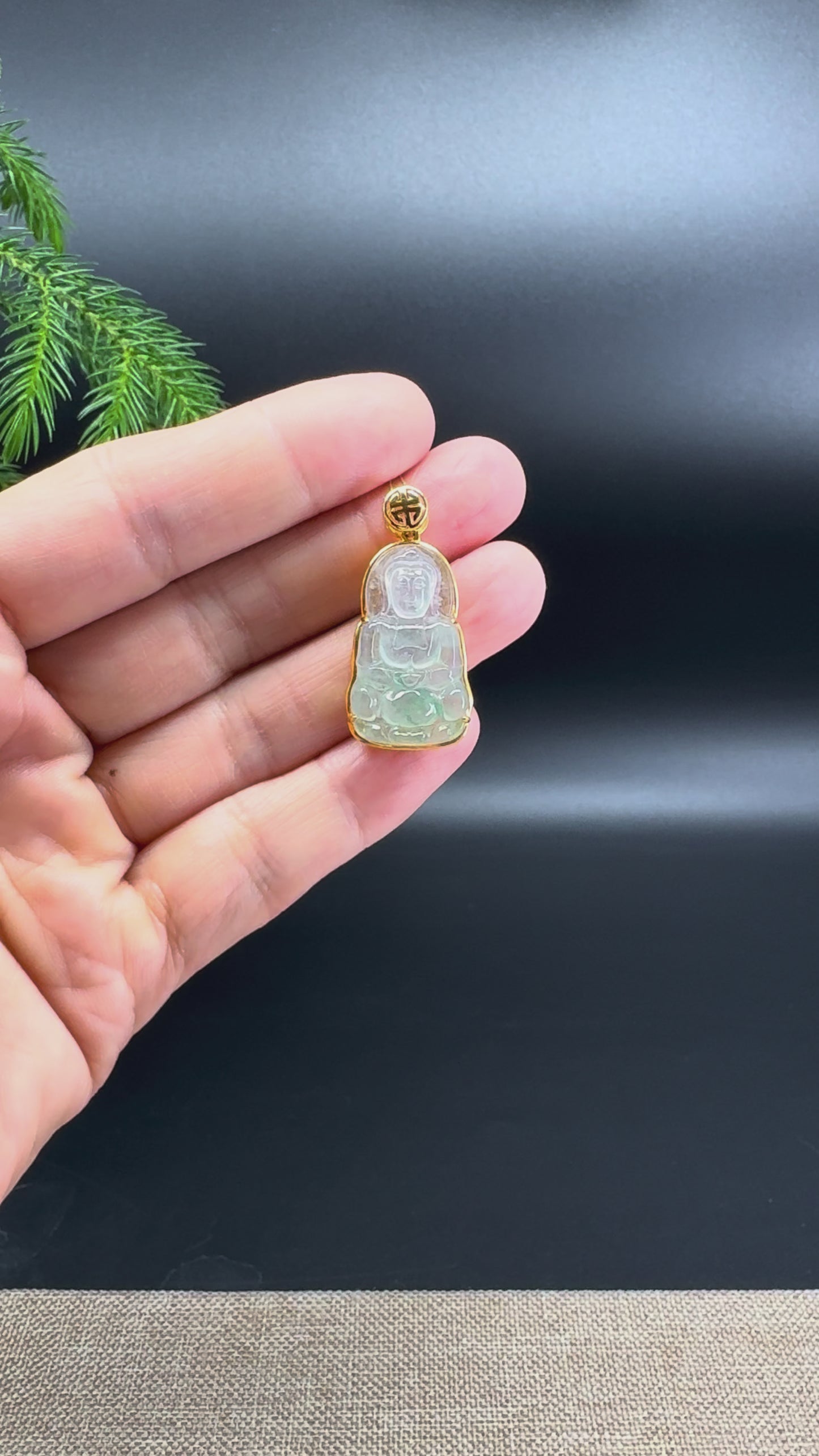18K Yellow Gold Burmese Icy Green Jadeite Jade Guanyin Pendant Necklace