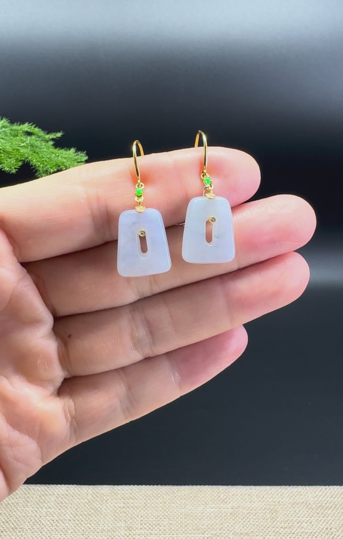 18k Yellow Gold Genuine Lavender Jadeite Jade Earrings With Diamonds