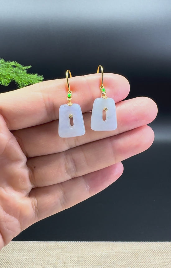 Load and play video in Gallery viewer, 18k Yellow Gold Genuine Lavender Jadeite Jade Earrings With Diamonds
