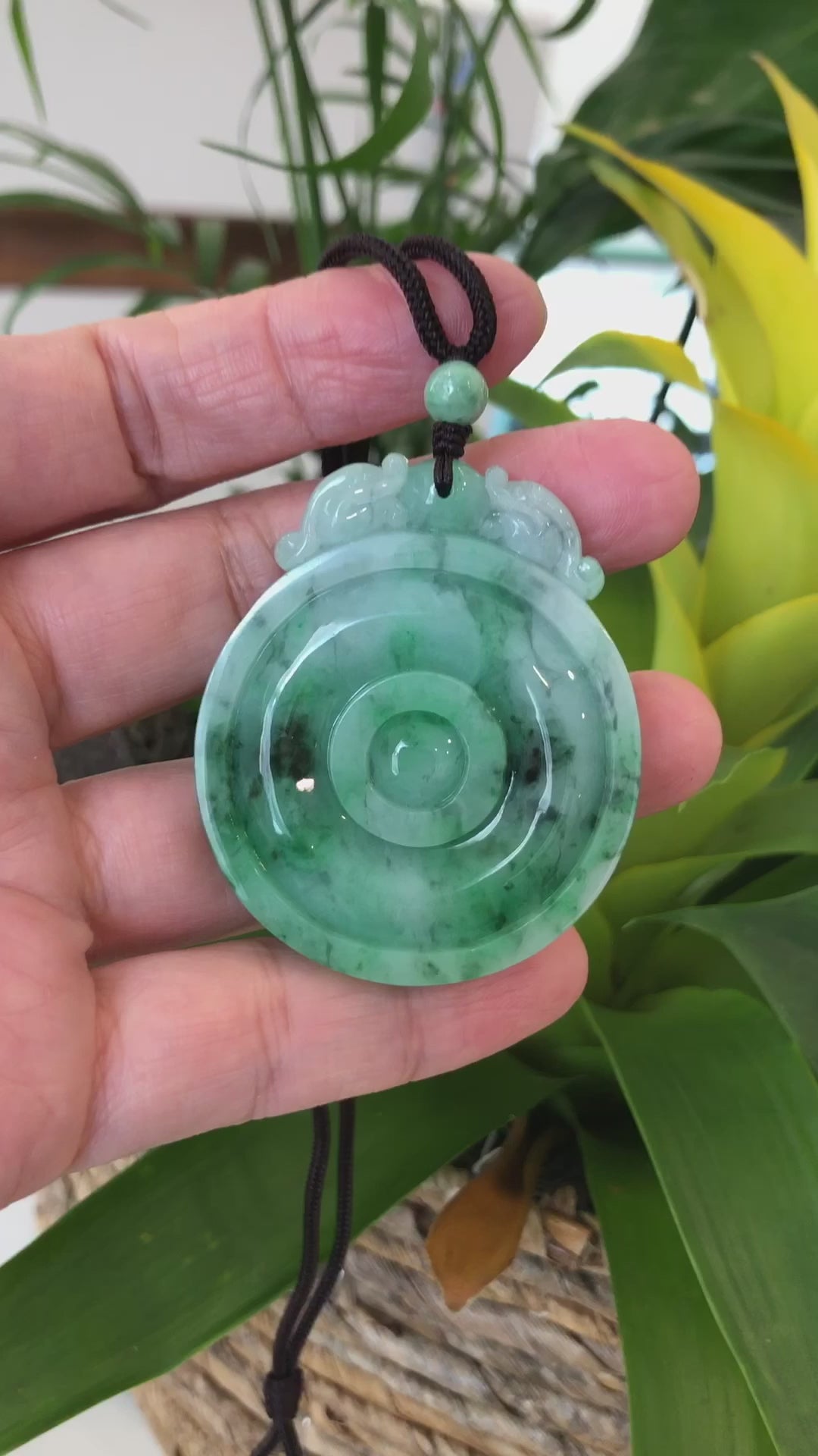 Load and play video in Gallery viewer, Genuine Green Jadeite Jade &amp;quot;Good Luck Money Circle with Dragon Accent&amp;quot; Pendant Necklace With Real Jadeite Bead Necklace
