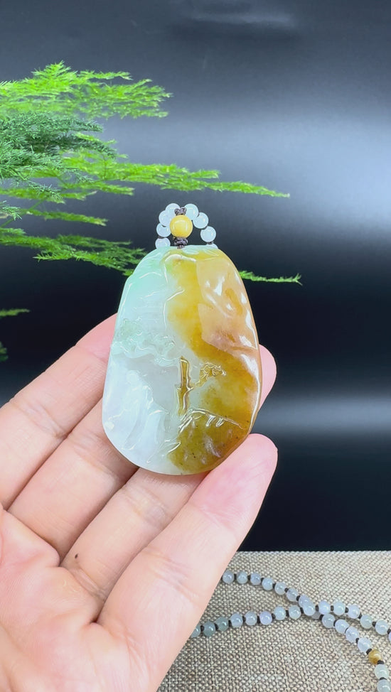 Load and play video in Gallery viewer, RealJade® Co.  Genuine Burmese Jadeite Jade Yellow Green Guanyin Pendant Necklace
