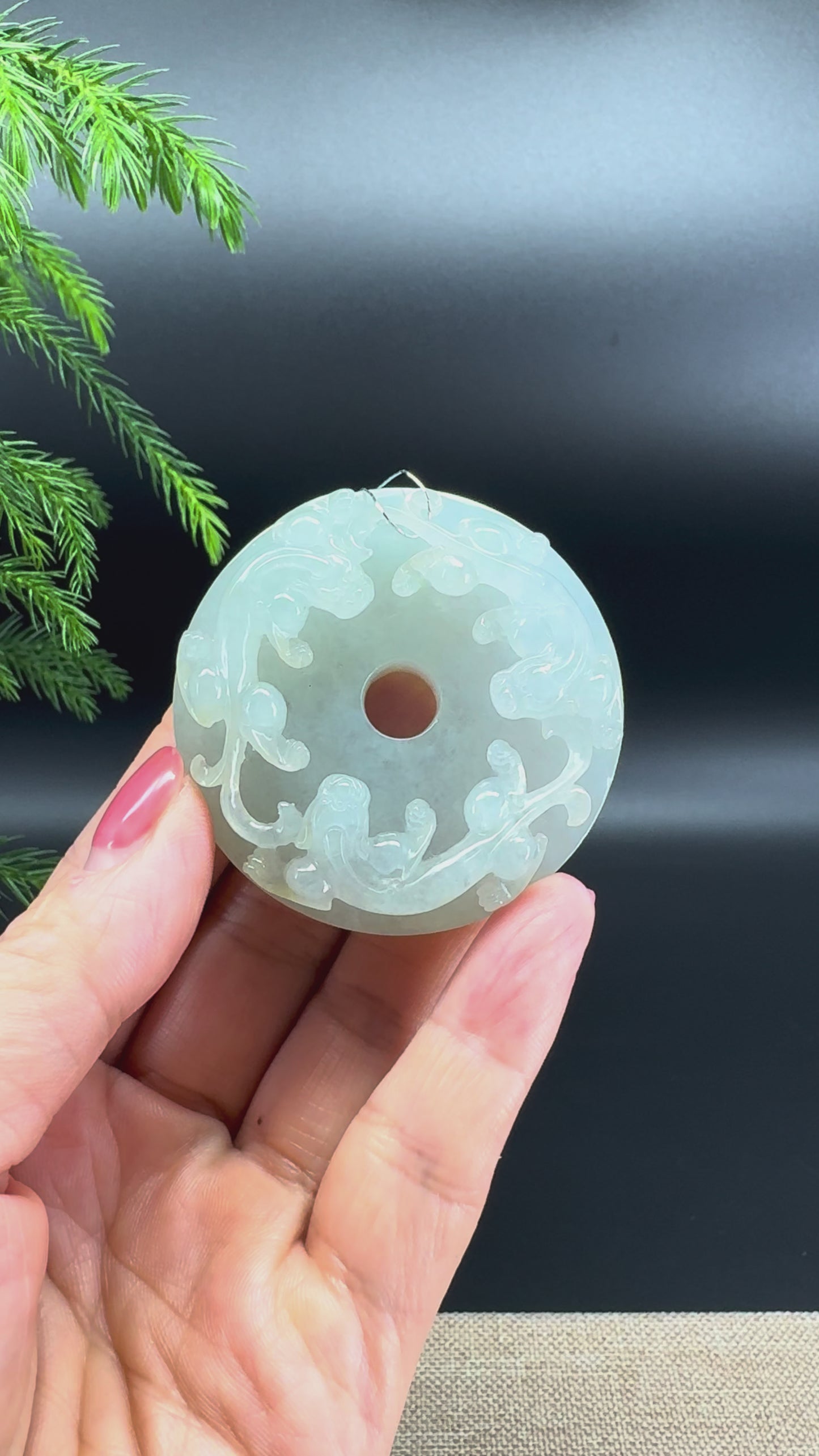 Load and play video in Gallery viewer, RealJade® Co. Natural Light Green Jadeite Jade Dragons Round Pendant
