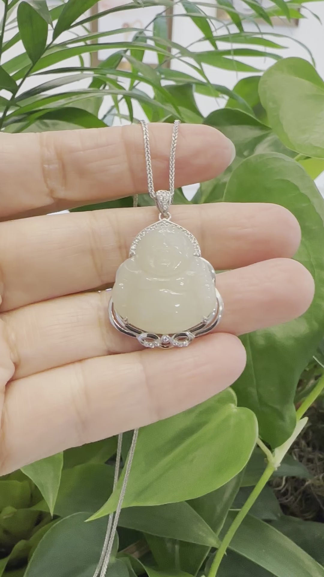 Load and play video in Gallery viewer, RealJade® &amp;quot;Laughing Buddha&amp;quot; Genuine Nephrite White Jade Buddha Pendant Necklace
