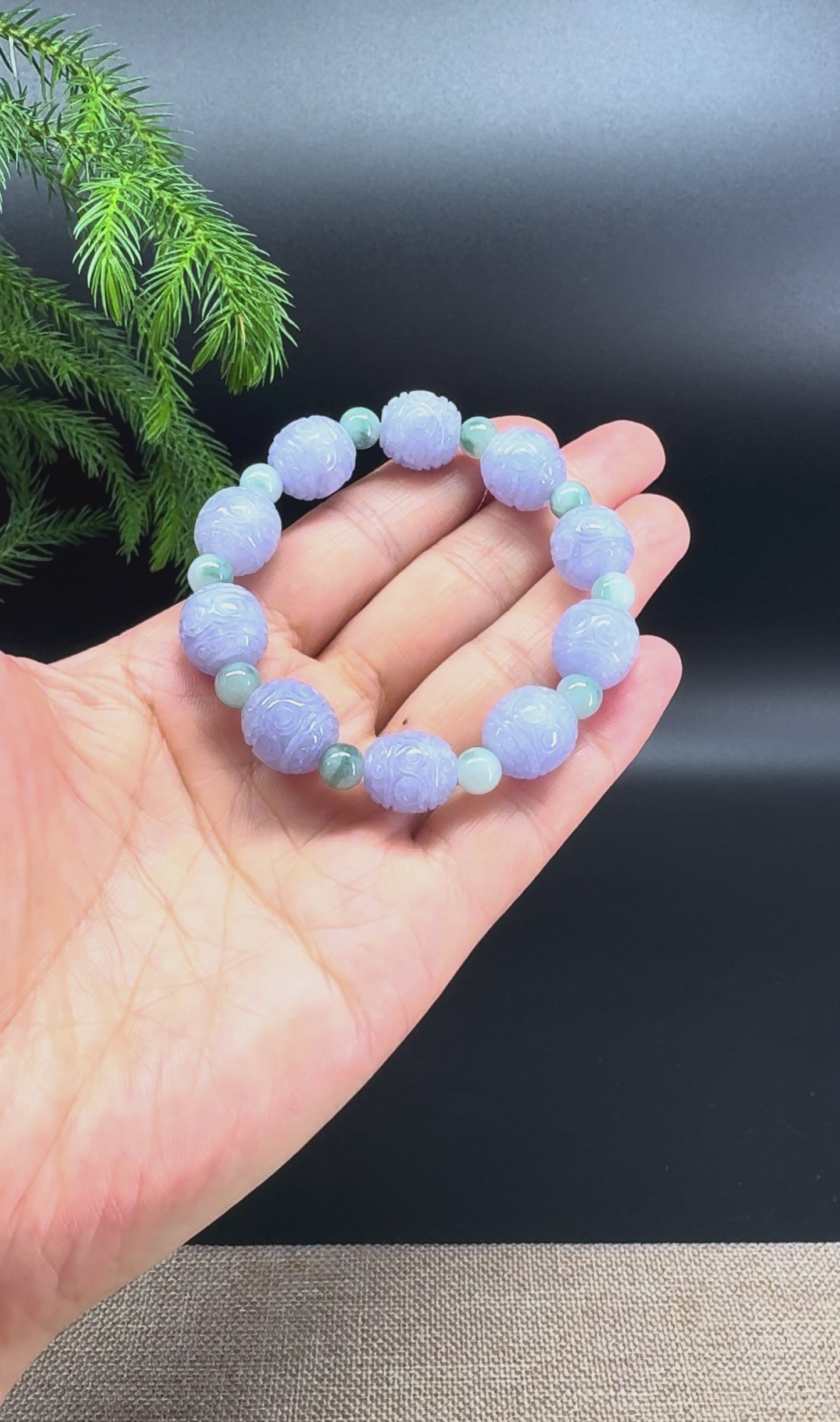 RealJade® Co. Genuine Lavender Jadeite Jade Carved Beads Bracelet (12mm)