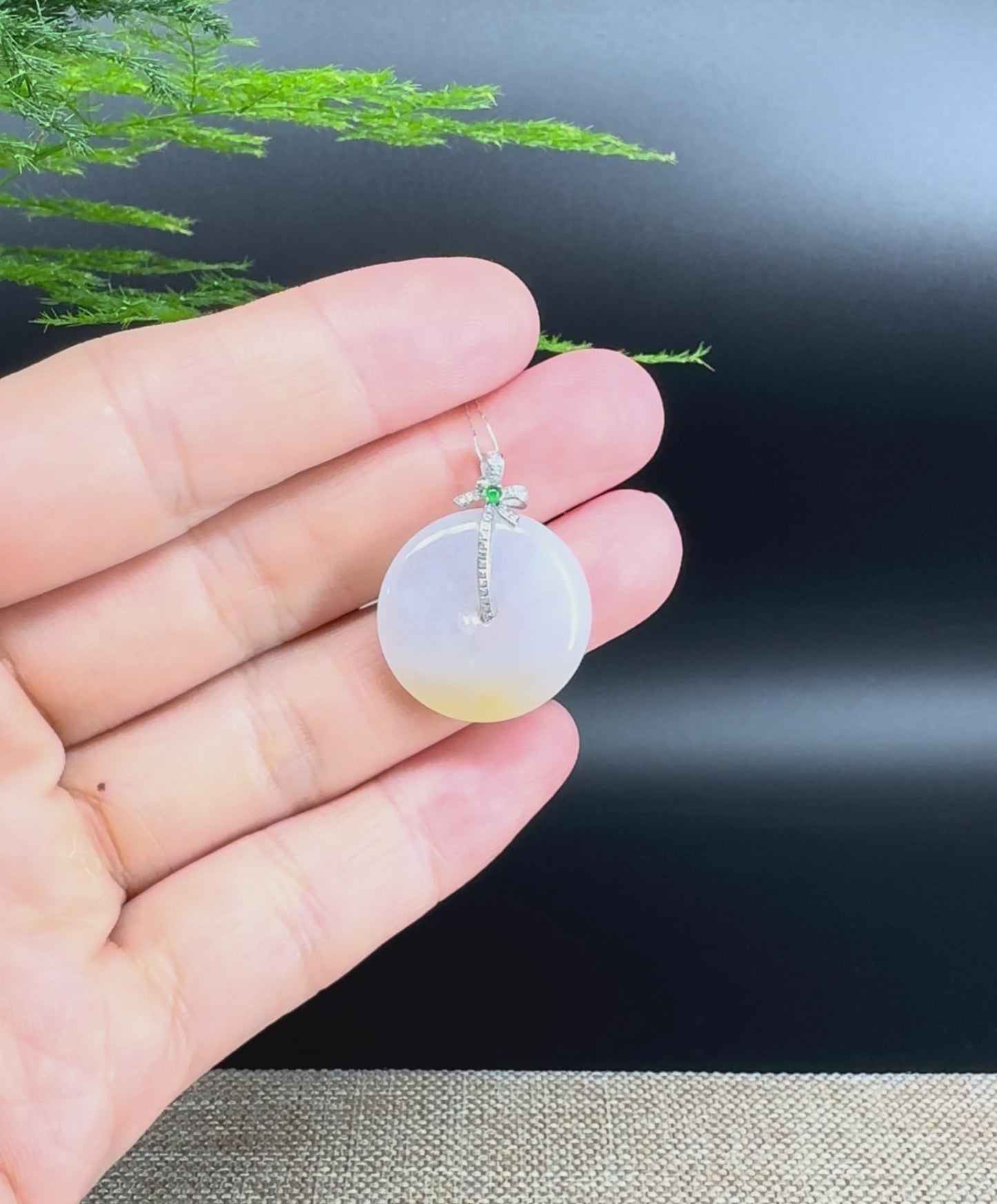 "Good Luck Button" Yellow Jadeite Jade Lucky KouKou Pendant With 18K White Gold Bail