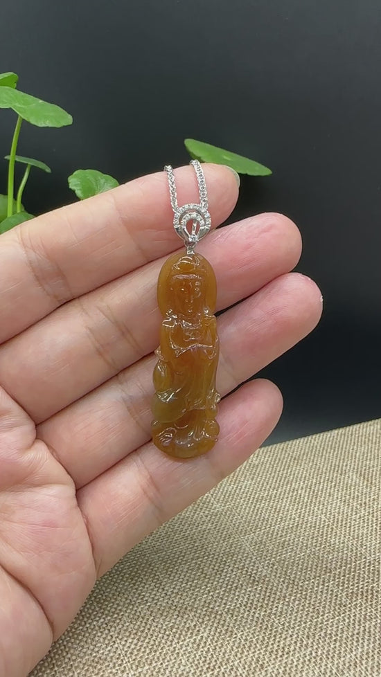 Load and play video in Gallery viewer, &amp;quot;Goddess of Compassion&amp;quot; 18k White Gold Genuine Burmese Jadeite Jade Guanyin Necklace With Good Luck Design
