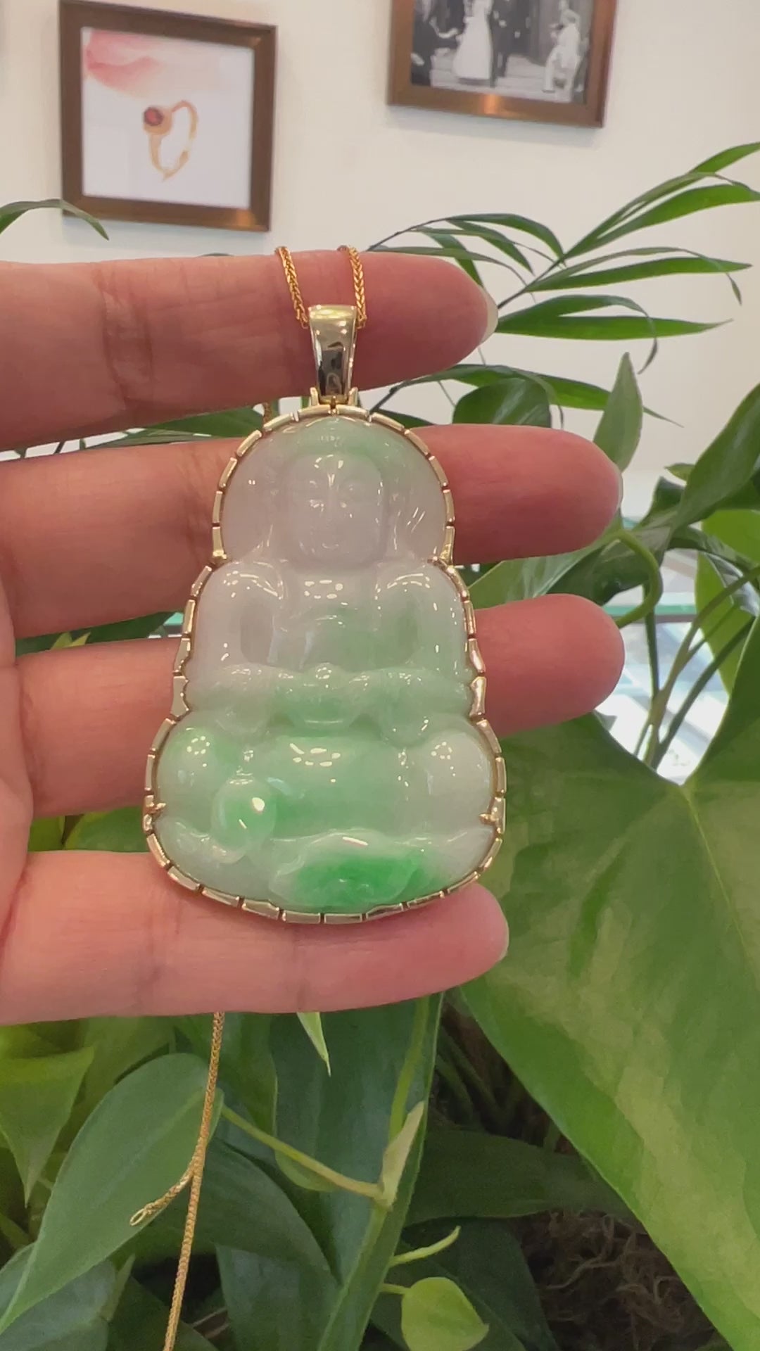 Load and play video in Gallery viewer, &amp;quot;Goddess of Compassion&amp;quot; 14k Yellow Gold Genuine Burmese Jadeite Jade Guanyin Necklace With Good Luck Design
