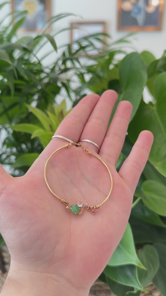 Load and play video in Gallery viewer, 18k Rose Gold &amp;quot;Morning Glory&amp;quot; Half Bracelet Bangle with Green Imperial Jade &amp;amp; Diamonds
