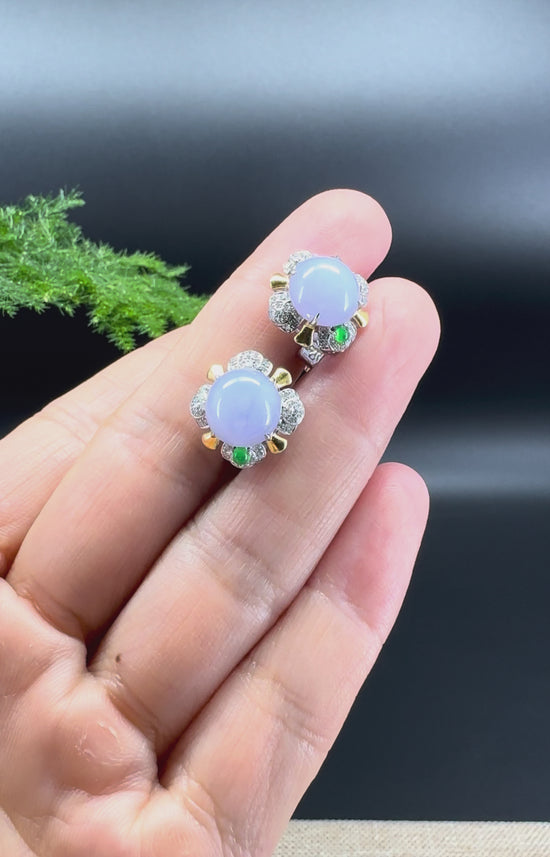 Load and play video in Gallery viewer, RealJade® 18k Gold Burmese Lavender Jadeite Jade Cabochon Earrings with Diamonds
