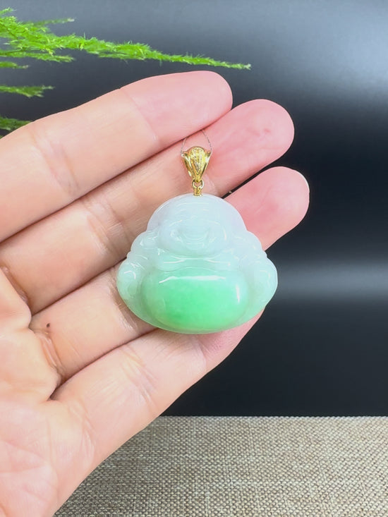 Load and play video in Gallery viewer, 18K Yellow Gold Burmese Green Jadeite Jade Happy Buddha Pendant
