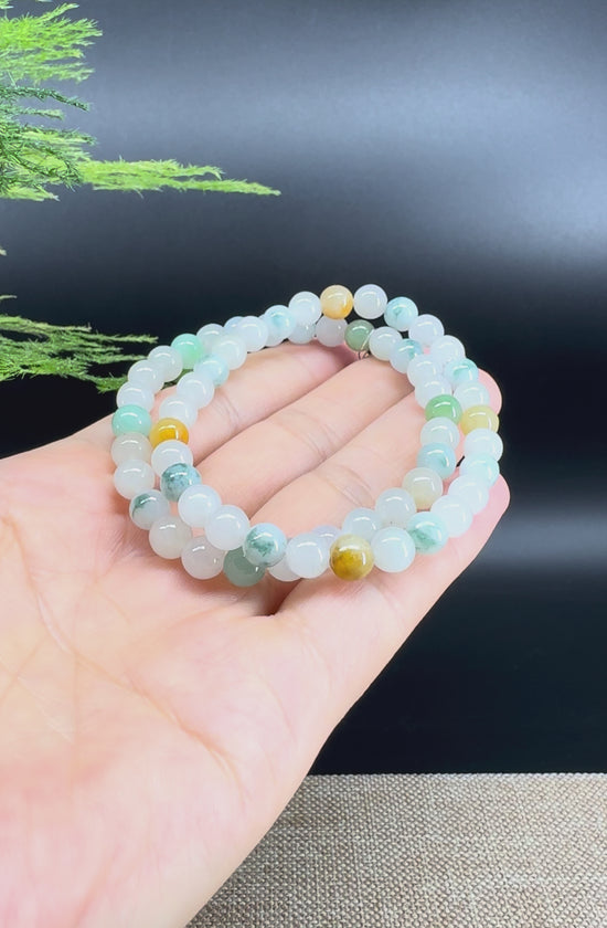 Load and play video in Gallery viewer, Natural Jadeite Jade  Round Multi-Colors Beads Bracelet ( 6.5mm )
