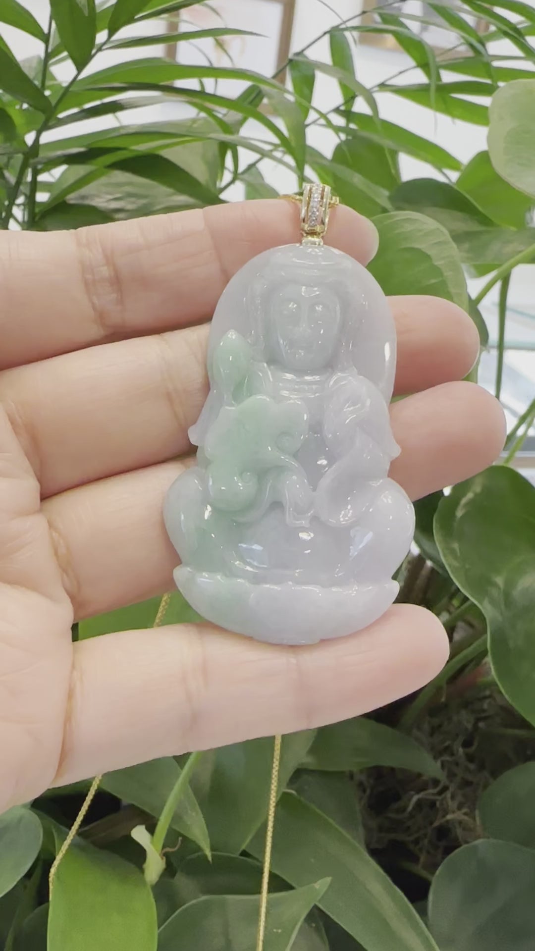 Load and play video in Gallery viewer, RealJade® 14k &amp;quot;Goddess of Compassion&amp;quot; Genuine Burmese Jadeite Jade Guanyin Necklace With Diamond Bail
