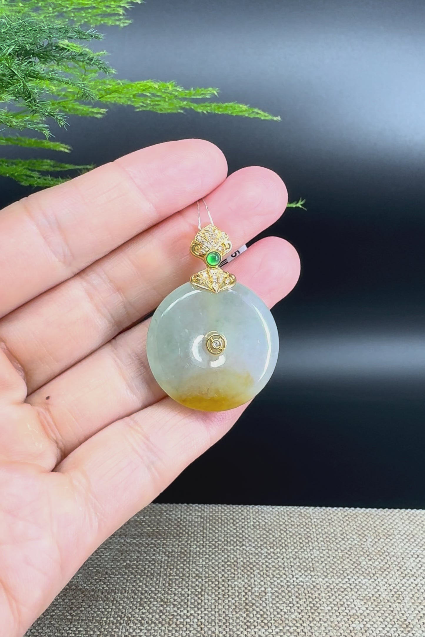 Load and play video in Gallery viewer, &amp;quot;Good Luck Button&amp;quot;Icy Yellow Green Jadeite Jade Lucky KouKou Pendant With 18K Yellow Gold Bail
