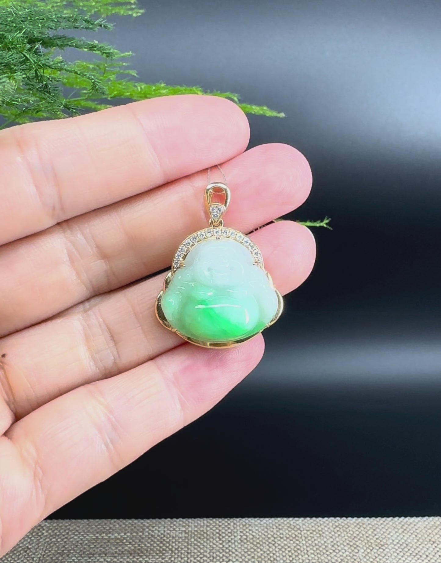Load and play video in Gallery viewer, 18K Yellow Gold Burmese White Green Jadeite Jade Happy Buddha Pendant with Diamond
