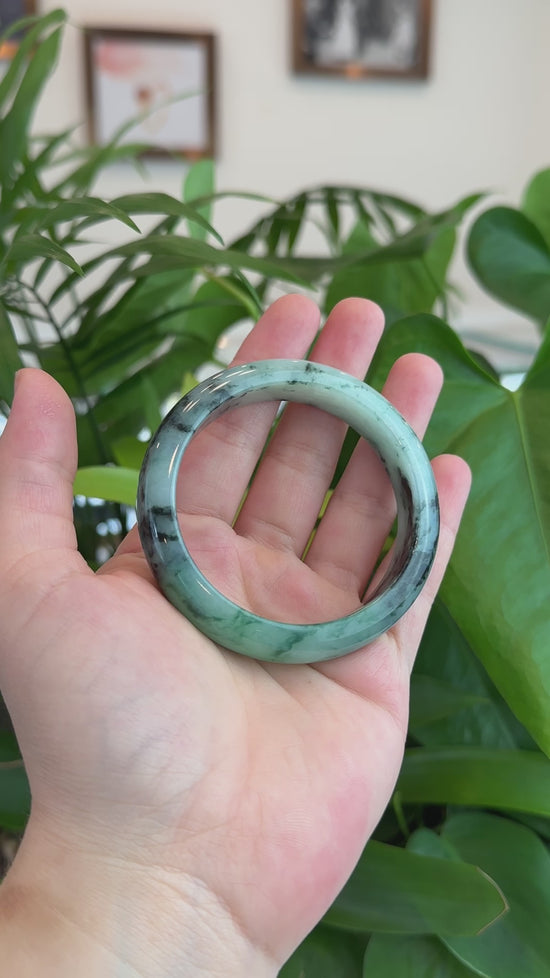 Load and play video in Gallery viewer, Natural Burmese Blue-green Jadeite Jade Bangle Bracelet (55.48mm)#T003
