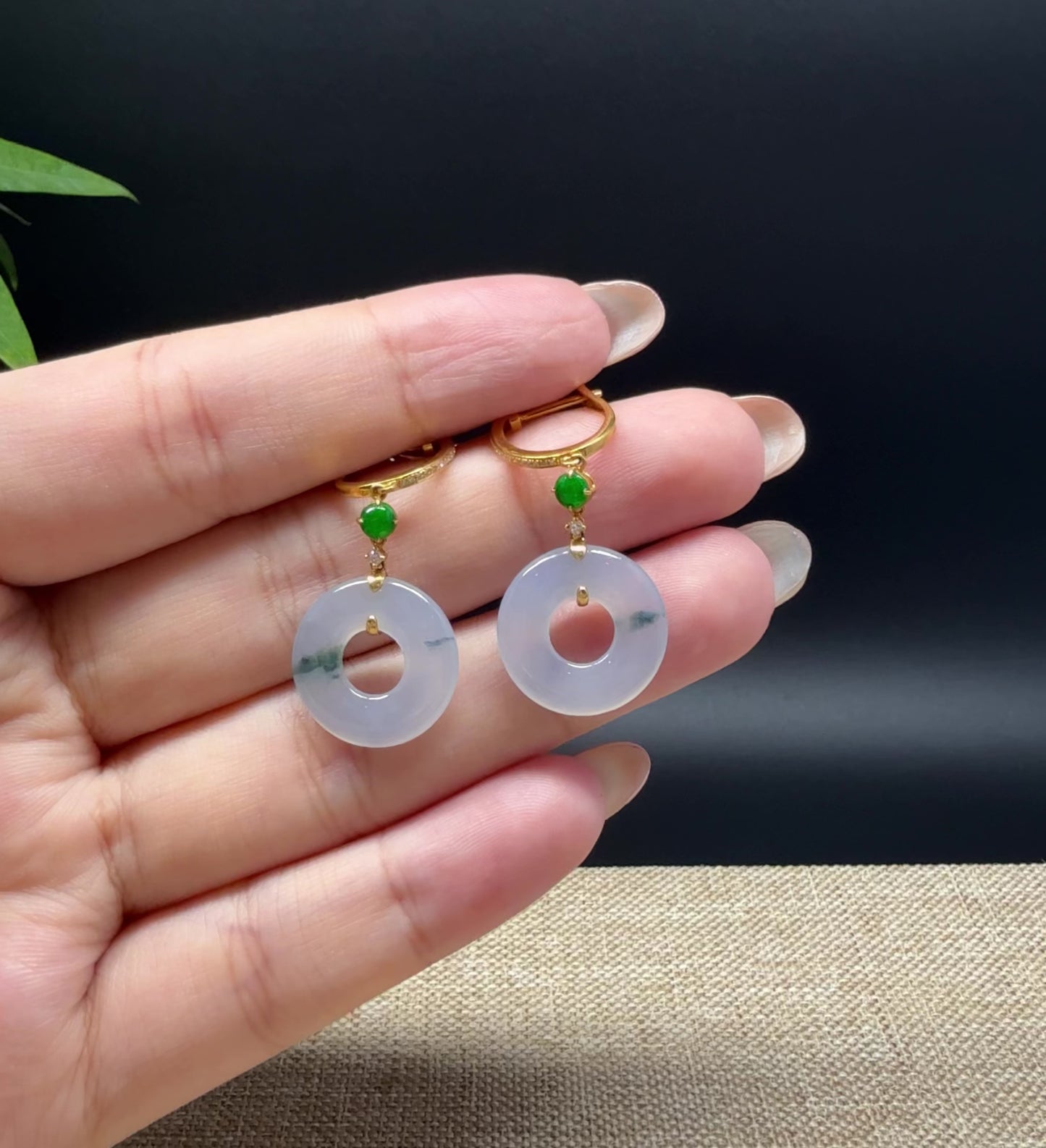 18k Yellow Gold Genuine Icy Green Jadeite Jade Earrings With Diamonds