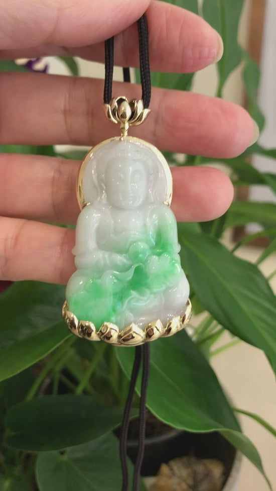 Load and play video in Gallery viewer, RealJade® 14k &amp;quot;Goddess of Compassion&amp;quot; Genuine Burmese Jadeite Jade Guanyin Lotus Necklace
