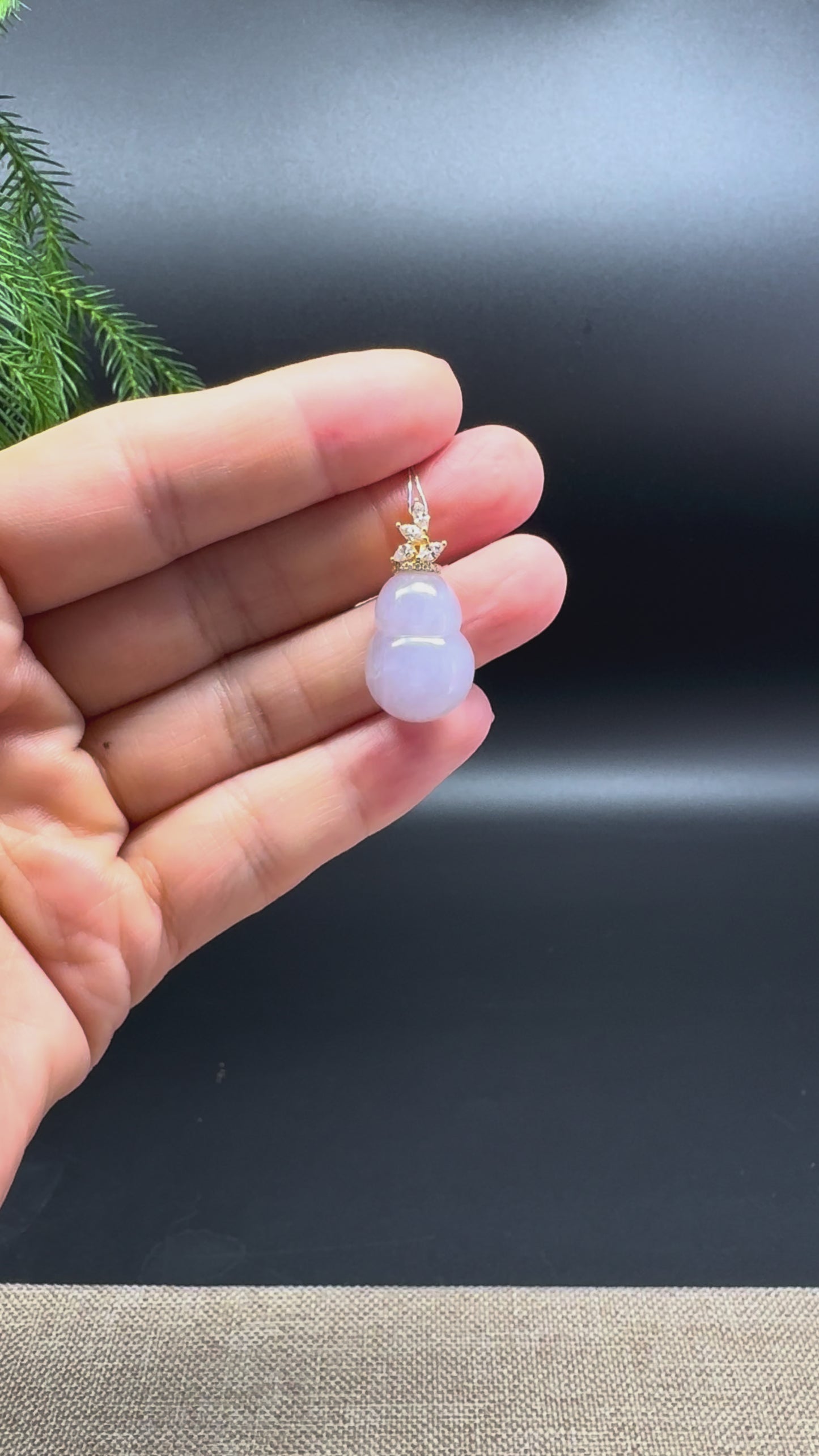 Genuine Light Lavender Jadeite Jade Good Luck Hulu Necklace With 18K Yellow Gold Diamonds Bail