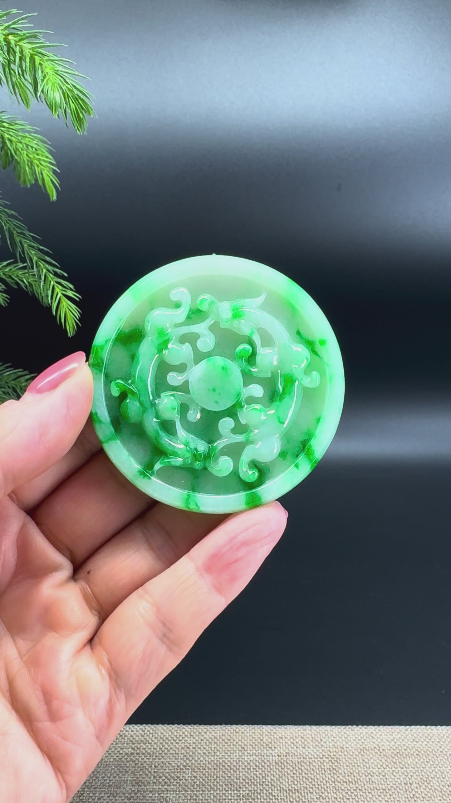RealJade® Co. High Natural Spicy Green Jadeite Jade Double Dragon Round Pendant