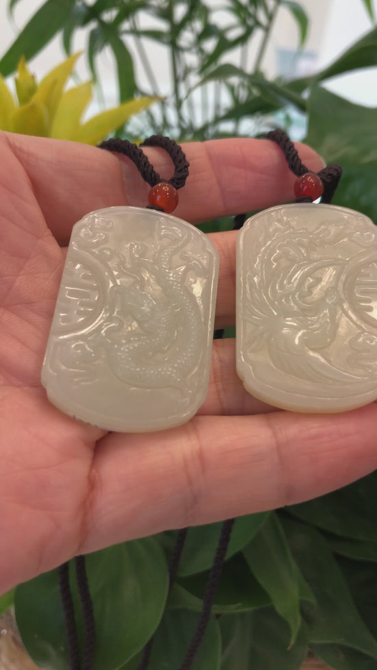Load and play video in Gallery viewer, RealJade® &amp;quot;Dragon &amp;amp; Phoenix&amp;quot; Genuine HeTian White Nephrite Jade Pendant Necklace
