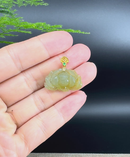 Load and play video in Gallery viewer, RealJade® Co. Genuine Ice Yellow Green Jadeite Jade Good Lotus Necklace With 18K Yellow Gold Bail
