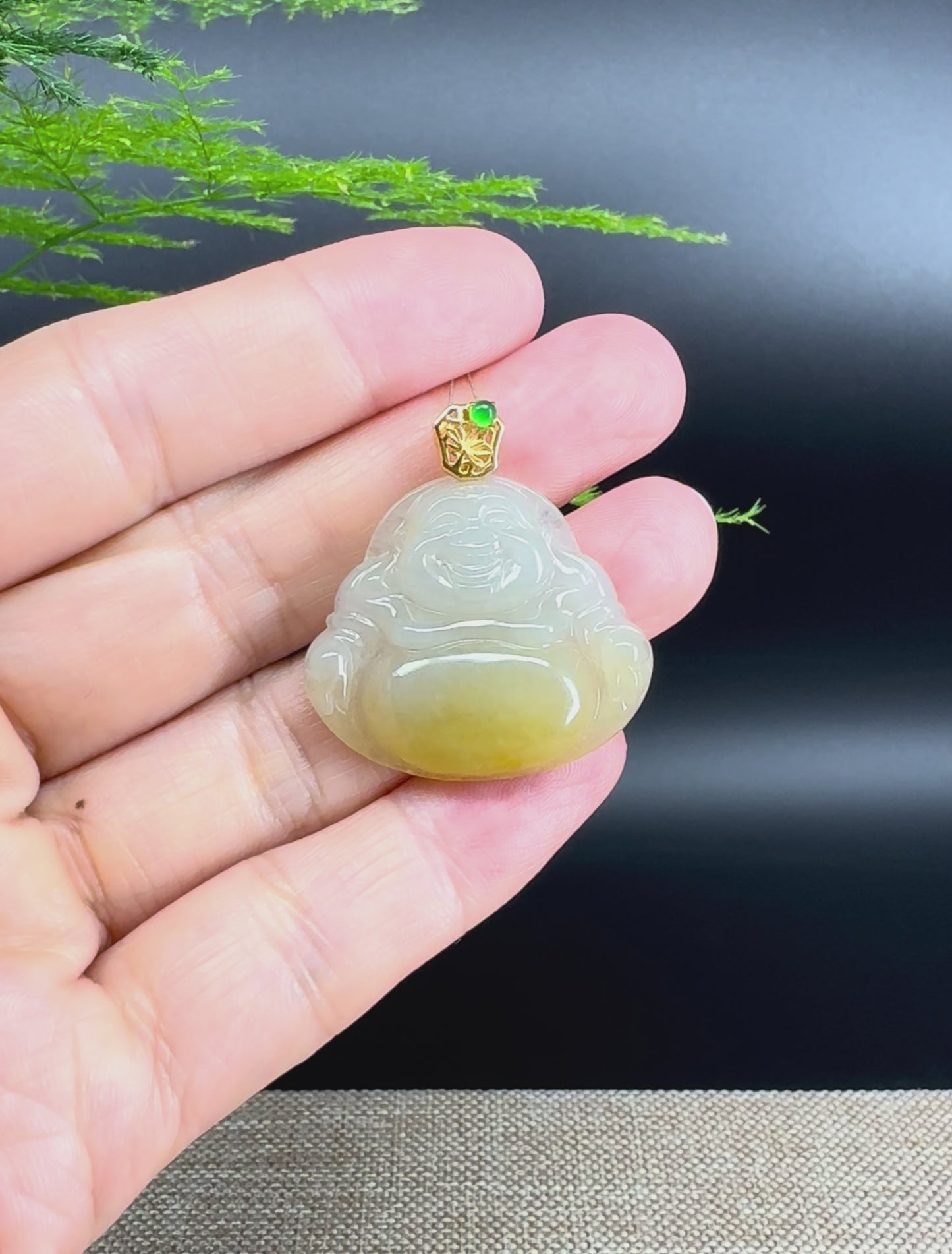 Load and play video in Gallery viewer, 18K Yellow Gold Burmese Icy Yellow Jadeite Jade Happy Buddha Pendant
