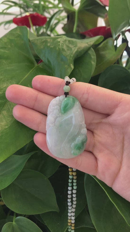 Load and play video in Gallery viewer, Genuine Green Jadeite Jade &amp;quot;Longevity peach with lucky Pixiu Accent&amp;quot; Pendant Necklace With Real Jadeite Bead Necklace
