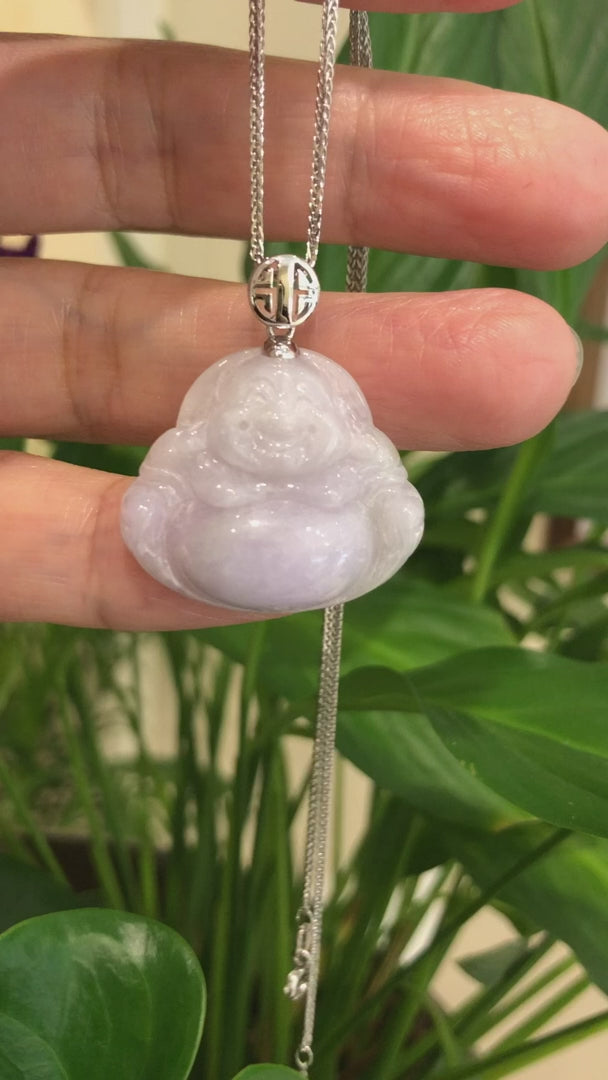 Load and play video in Gallery viewer, RealJade® &amp;quot;Laughing Buddha&amp;quot; Genuine Lavender Jadeite Buddha Pendant Necklace With 14k White Gold Buddha Symbol  Bail
