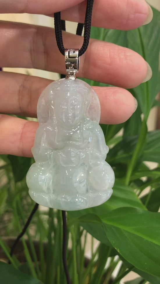 Load and play video in Gallery viewer, RealJade® Co. 14k &amp;quot;Goddess of Compassion&amp;quot; Genuine Burmese Jadeite Jade Guanyin Necklace With Good Luck Design

