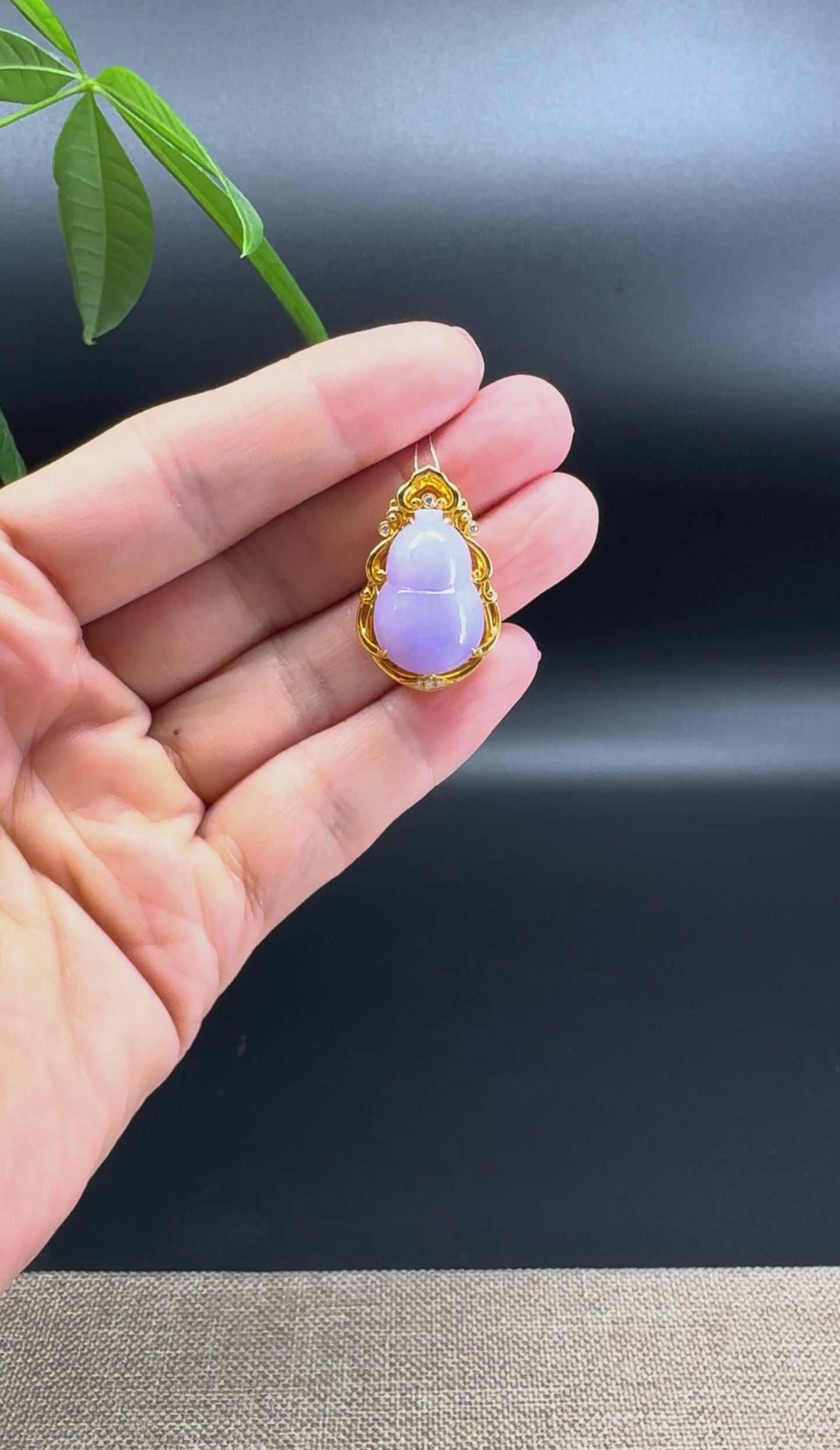 Genuine Lavender Jadeite Jade Good Luck Hulu Bottle Gourd Necklace With 18K Yellow Gold Bail With Diamonds