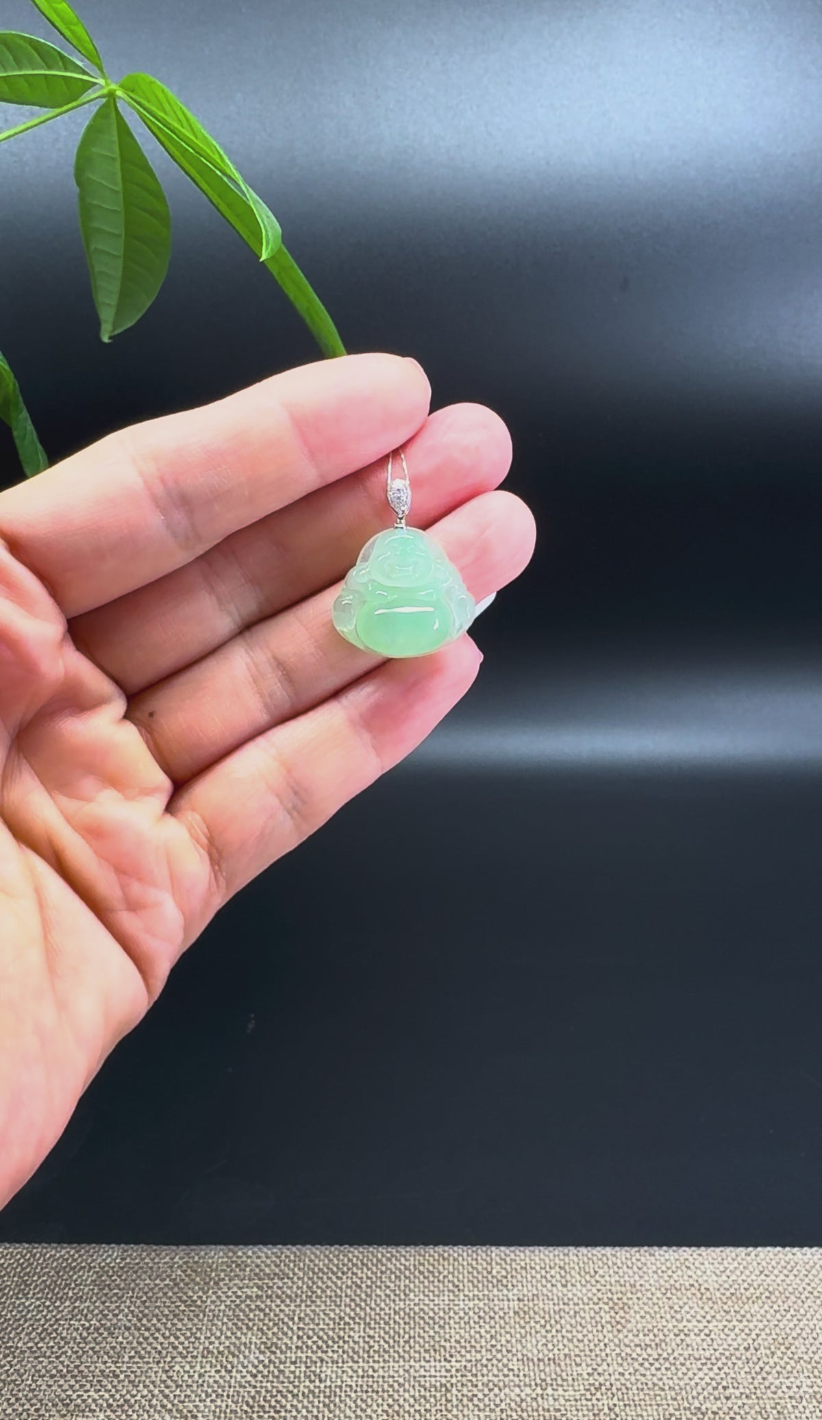 18K White Gold Burmese Icy Apple Green Jadeite Jade Happy Buddha Pendant