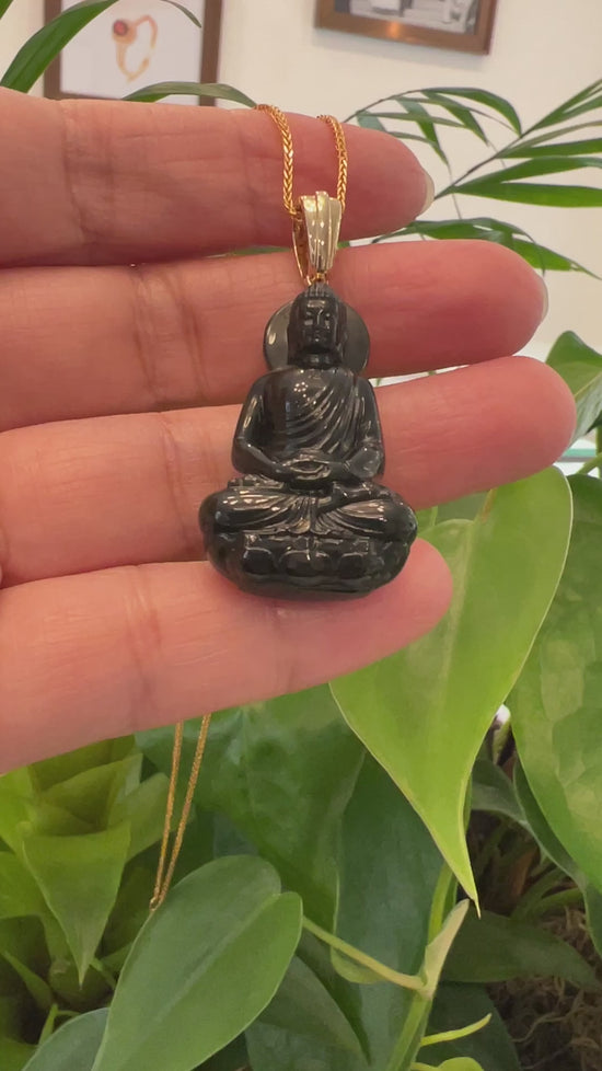 Load and play video in Gallery viewer, RealJade® 14K Yellow Gold Genuine Nephrite Black Jade &amp;quot; Ru Lai Buddha &amp;quot; Pendant Necklace
