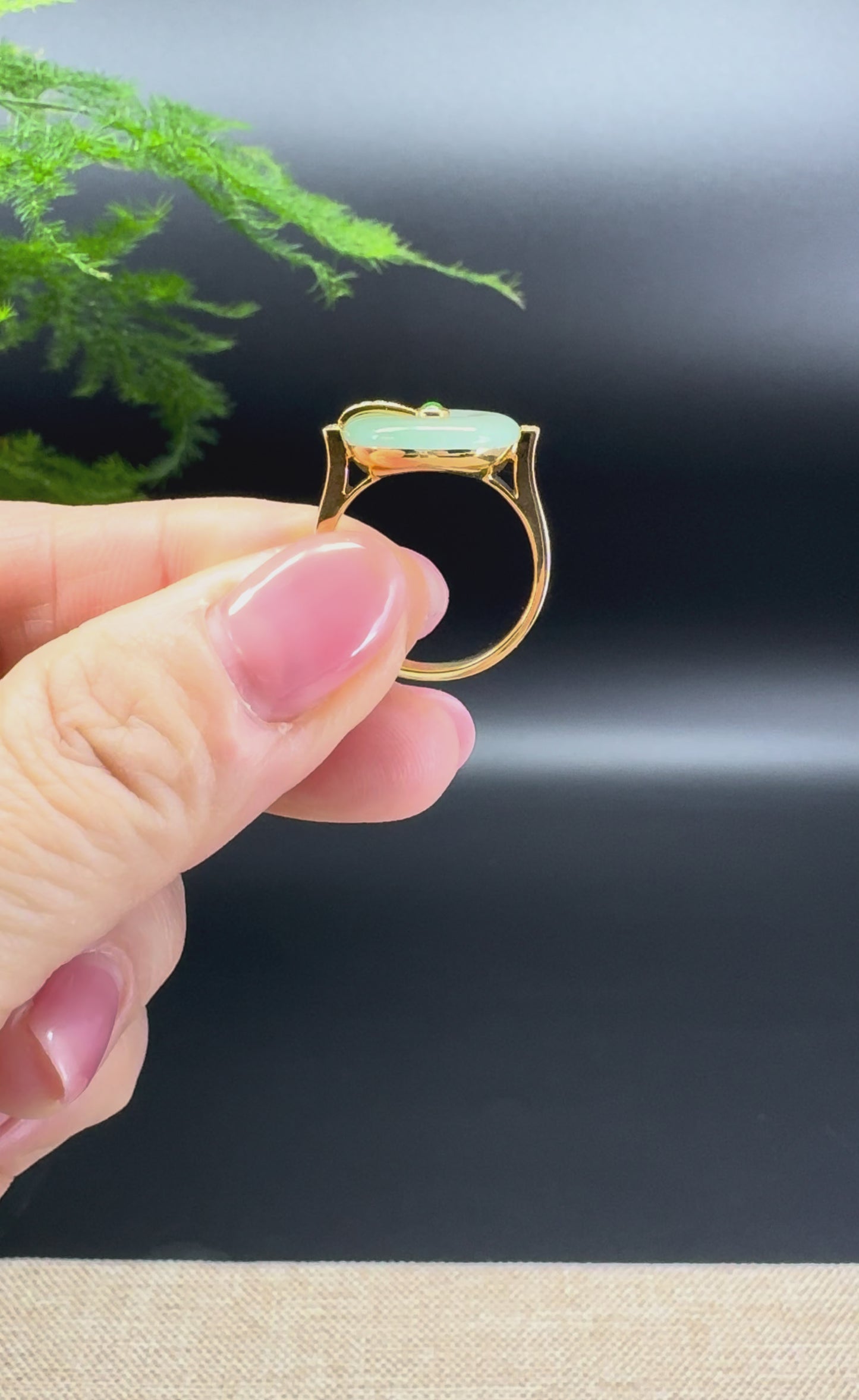 RealJade® 18K Yellow Gold Icy Green Jadeite Jade lucky koukou Ring With Diamonds