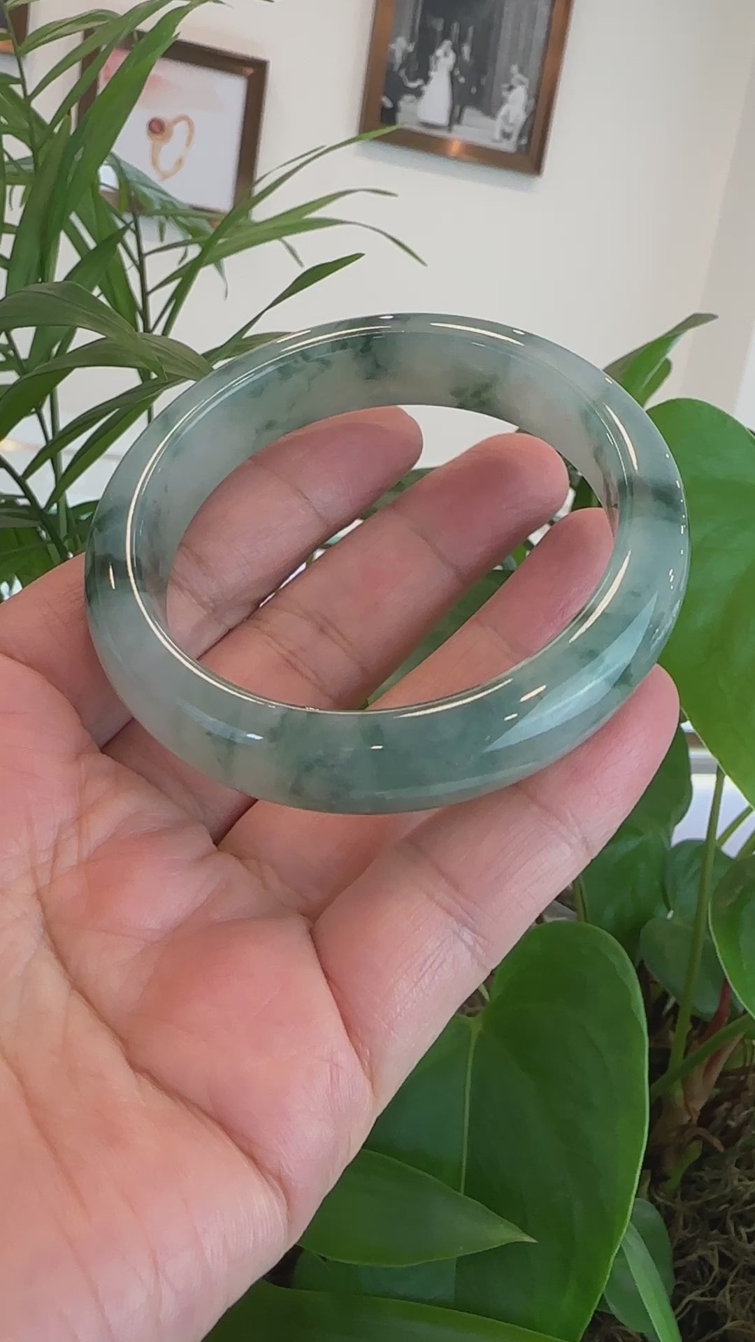 Load and play video in Gallery viewer, High-end Burmese Ice Blue-Green Jade Jadeite Bangle Bracelet (57.76mm) ( Collectibles )T091
