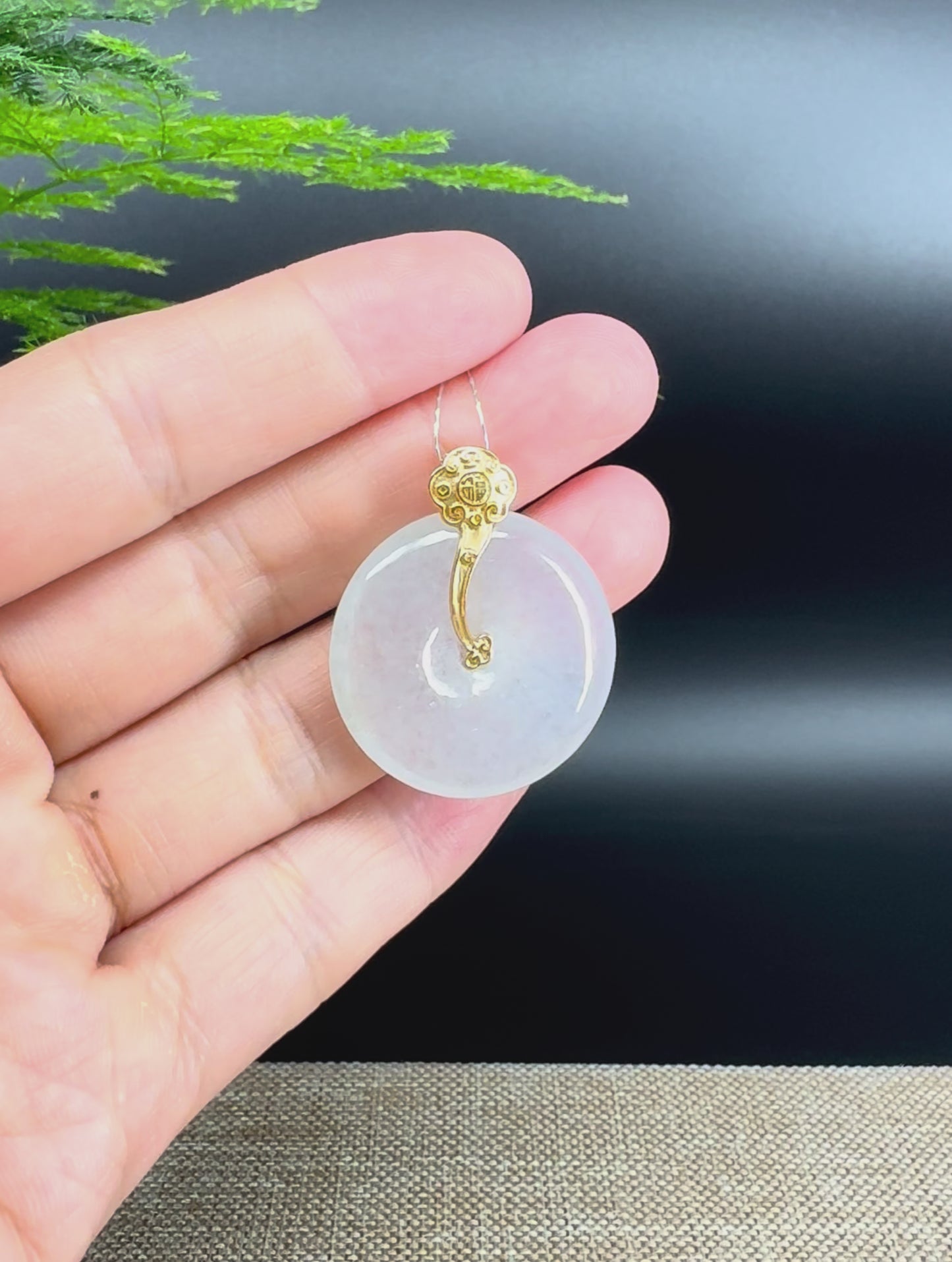 Load and play video in Gallery viewer, &amp;quot;Good Luck Button&amp;quot; Icy Jadeite Jade Lucky KouKou Pendant With 18K Yellow Gold Bail
