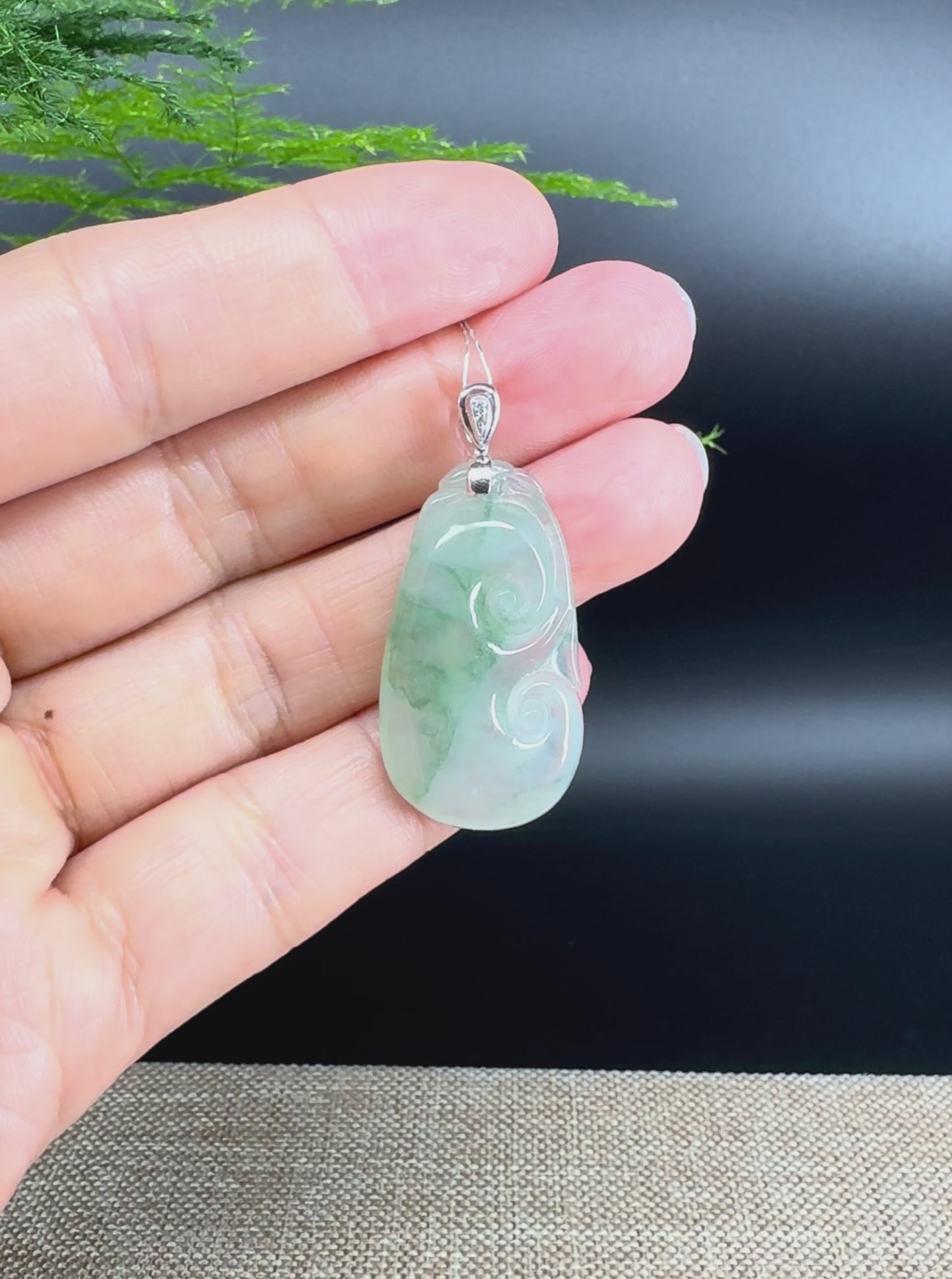 Load and play video in Gallery viewer, RealJade® Co. Genuine Icy Green Jadeite Jade Good Luck RuYi Necklace With 18K  White Gold Bail

