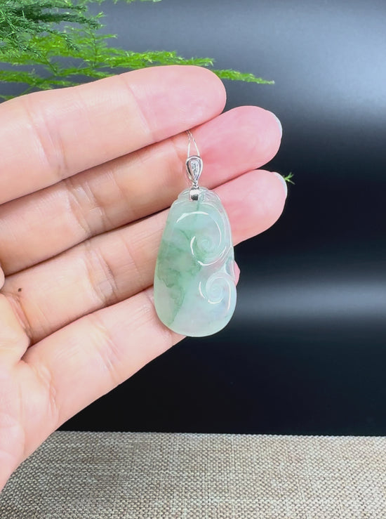 Load and play video in Gallery viewer, RealJade® Co. Genuine Icy Green Jadeite Jade Good Luck RuYi Necklace With 18K  White Gold Bail
