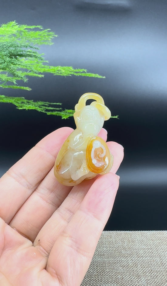 Load and play video in Gallery viewer, RealJade® Co. High Yellow Jadeite Jade Monkey Pendant
