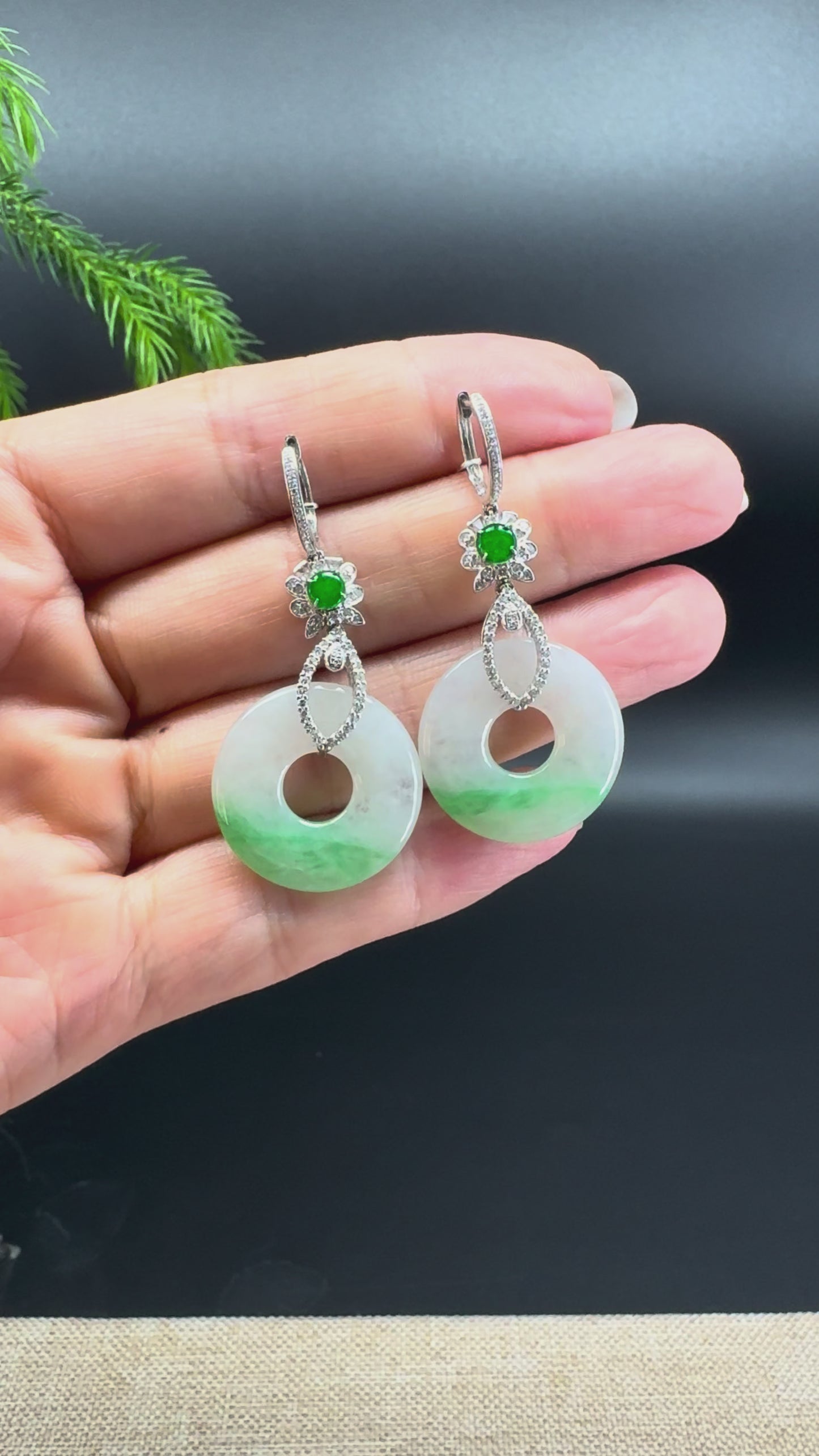 Load and play video in Gallery viewer, 18k White Gold Genuine White Green(BDC) KouKou Jadeite Jade Earrings With Diamonds
