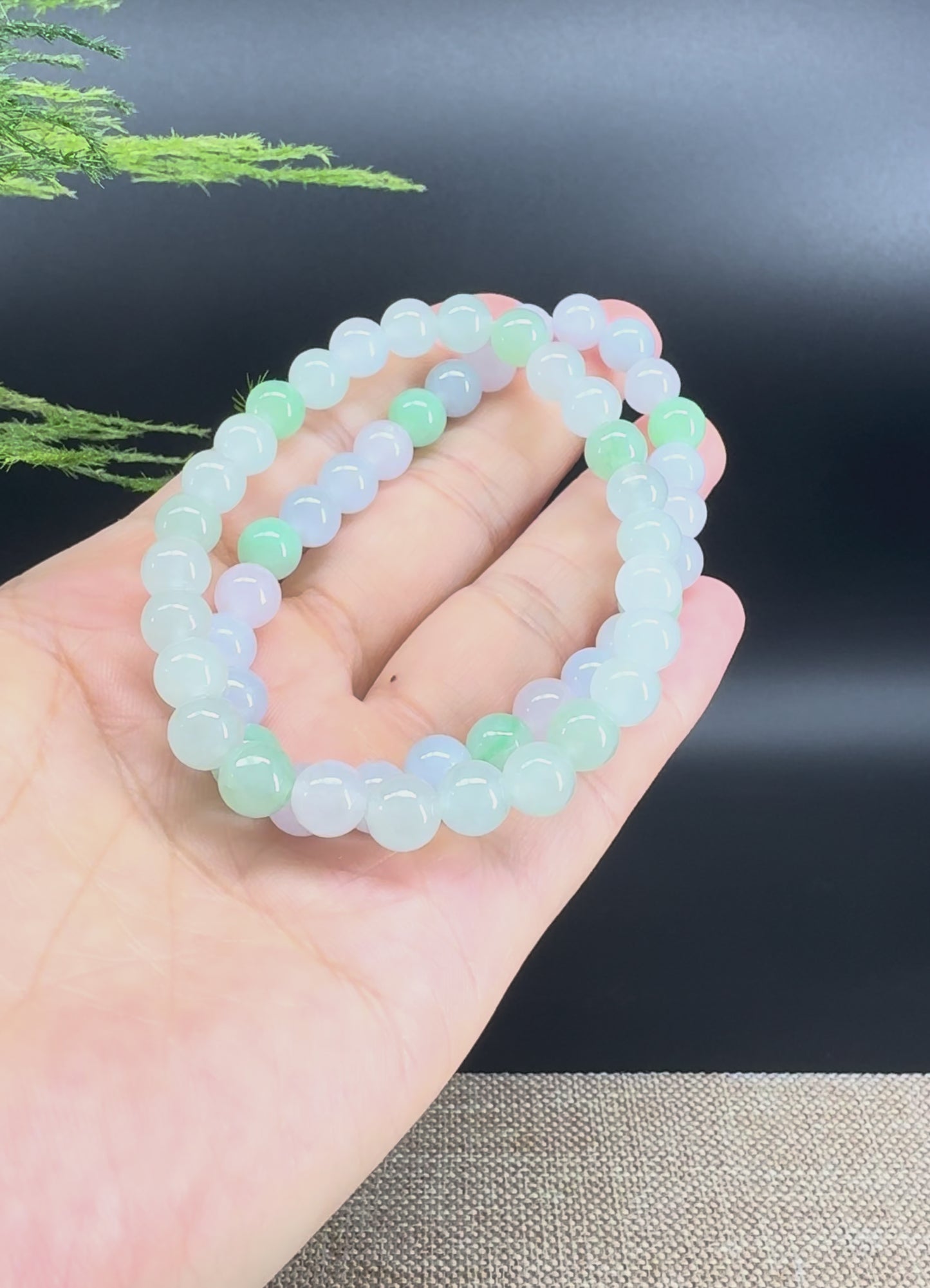 Load and play video in Gallery viewer, RealJade® Co. Genuine Jadeite Jade Round Ice Lavender Green  Beads Bracelet (7 mm)
