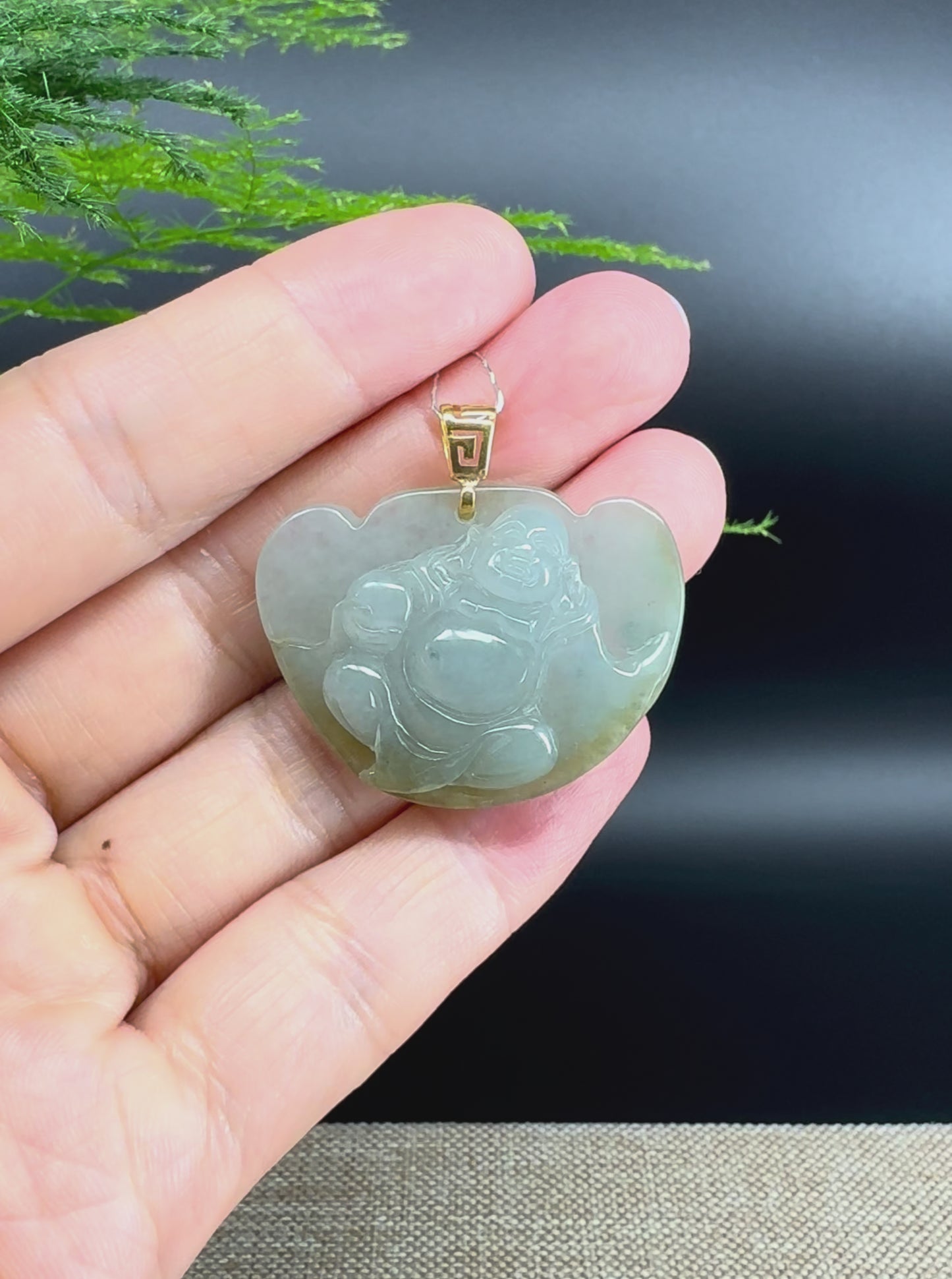 Load and play video in Gallery viewer, Burmese Green Jadeite Jade Happy Buddha Pendant With 18K Gold Bail
